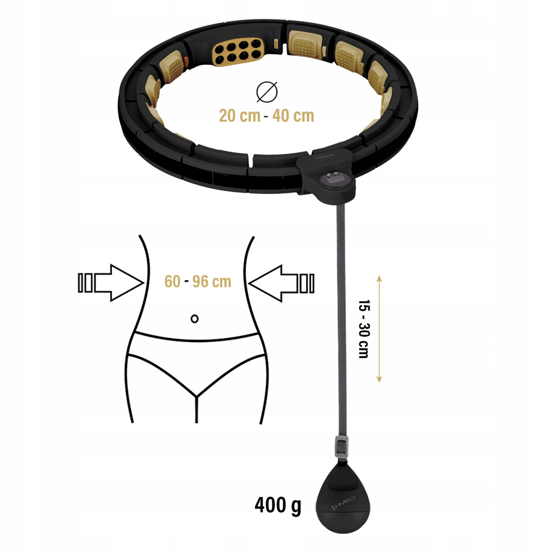 HHM13 NEW HULA HOOP BLACK/GOLD WITH MAGNETS AND WEIGHT + COUNTER HMS Brand HMS