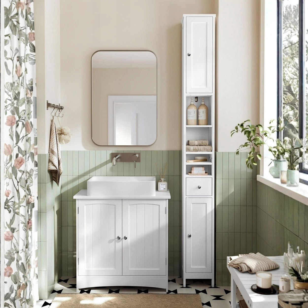 HIGH BATHROOM CABINET POST White Narrow Standing Shelf Lockable Drawer Furniture color white