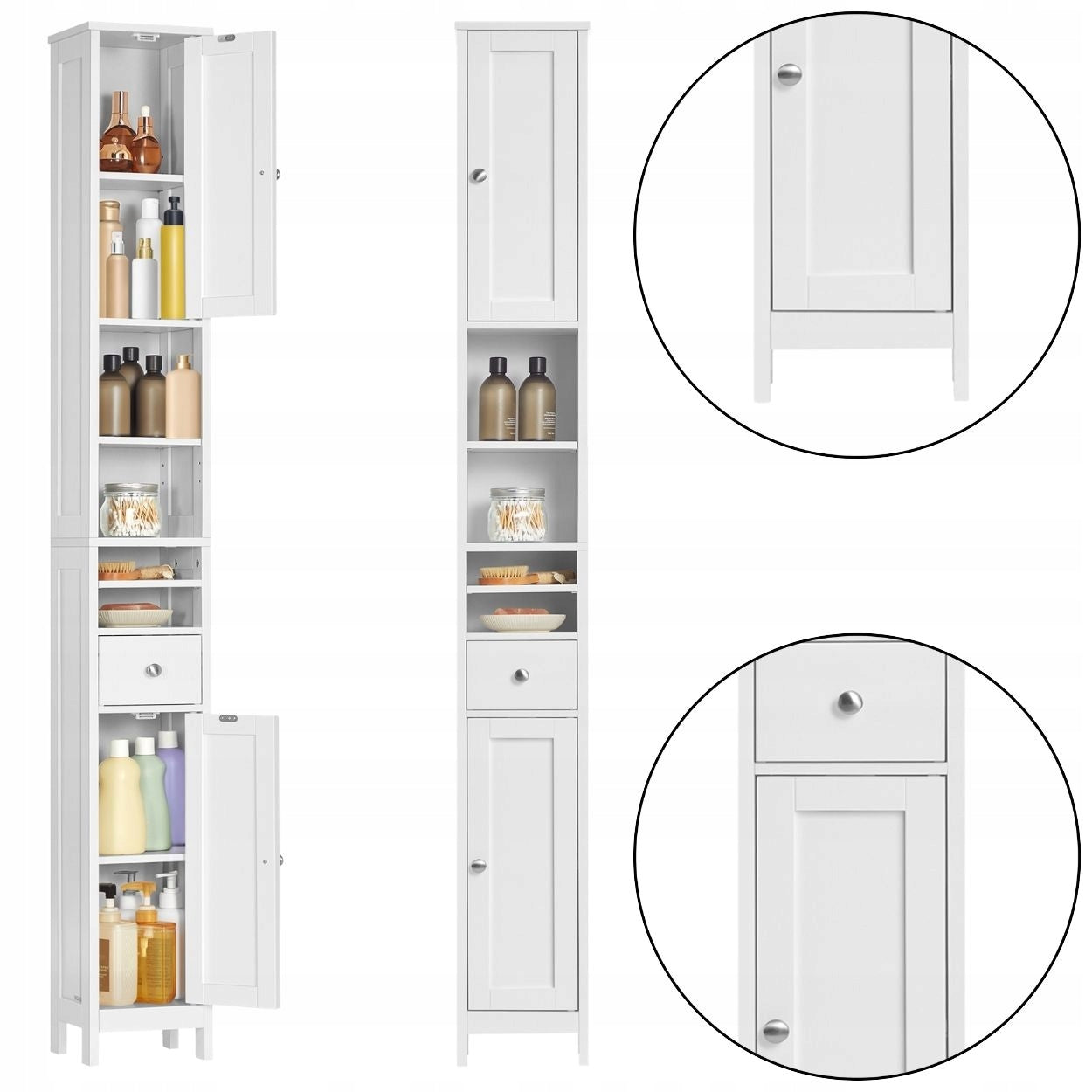 HIGH BATHROOM CABINET POST White Narrow Standing Shelf Lockable Drawer