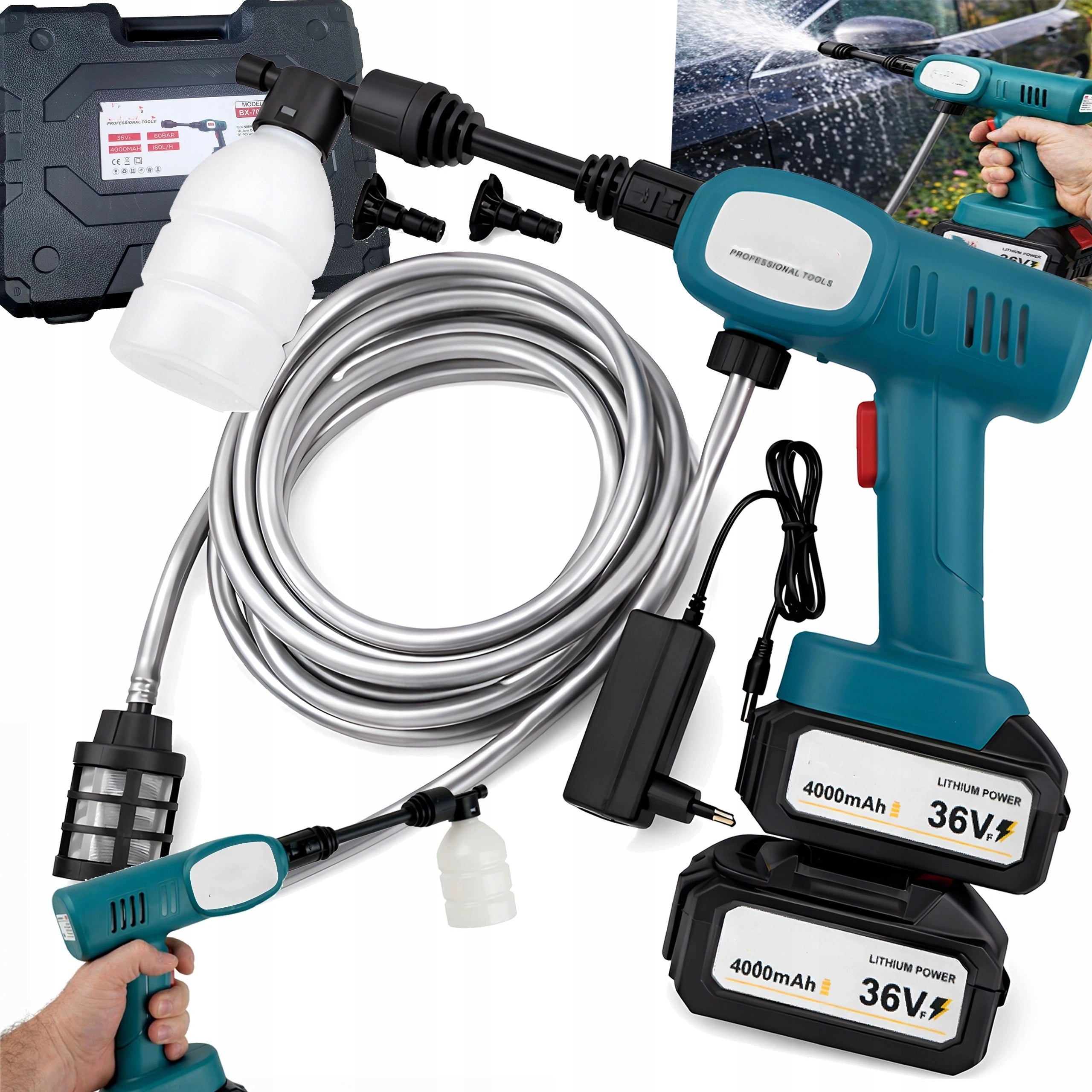 HIGH POWER CORDLESS PRESSURE WASHER 60 BAR 550W 2 BATTERIES CASE Maximum power 550 W