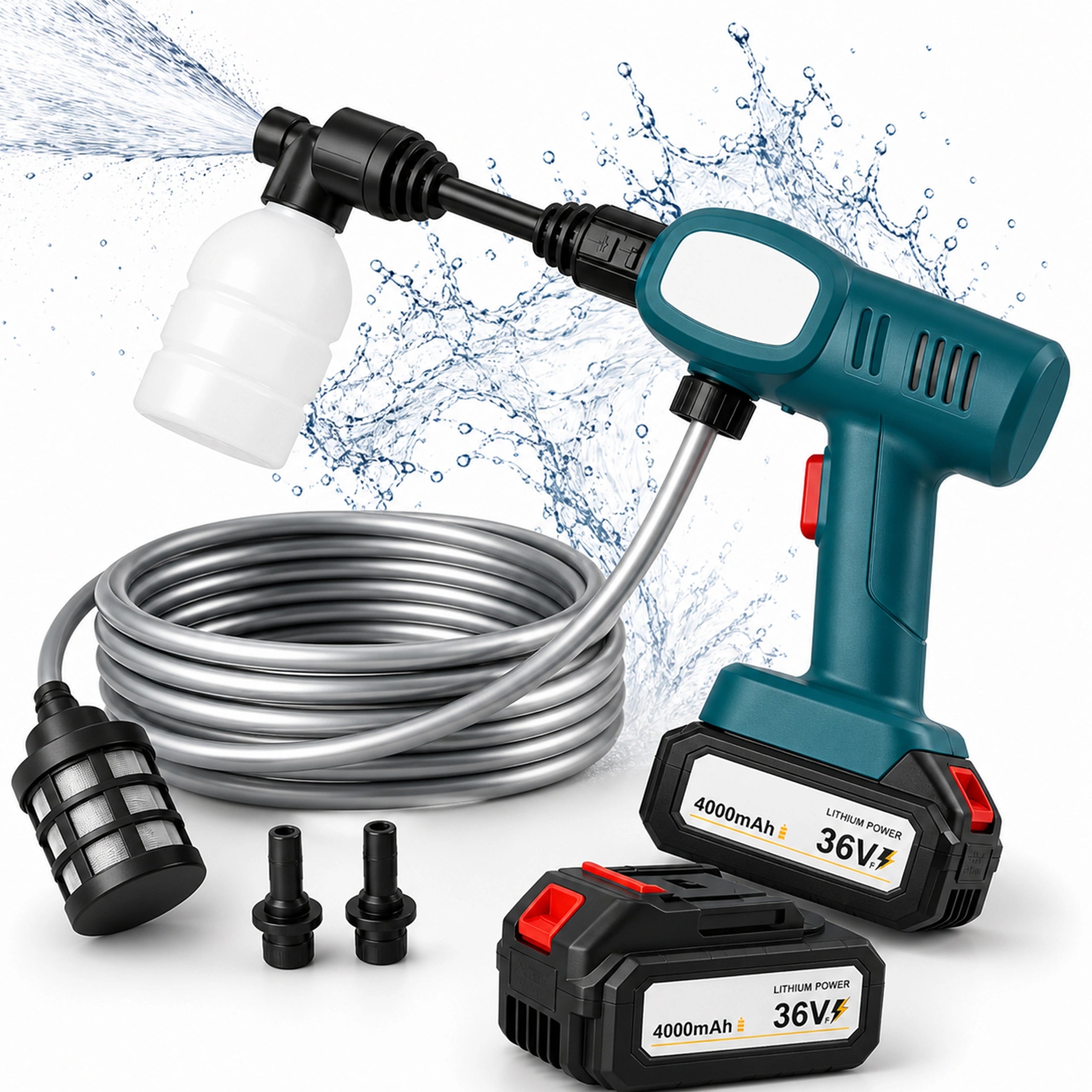 HIGH POWER CORDLESS PRESSURE WASHER 60 BAR 550W 2 BATTERIES CASE