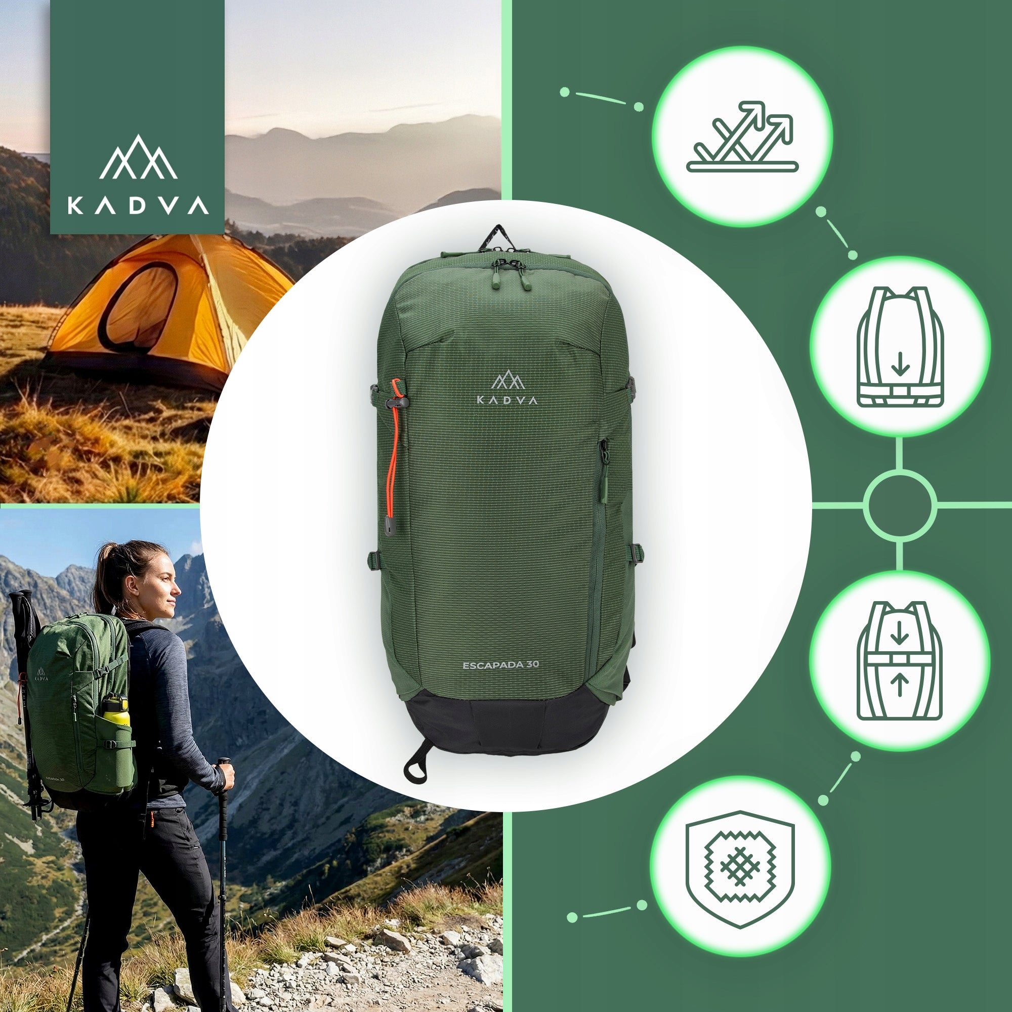 HIKING BACKPACK KADVA ESCAPADA 30l GREEN MOUNTAIN TREKKING COVER Manufacturer code FX-KDV-B4C005-GN