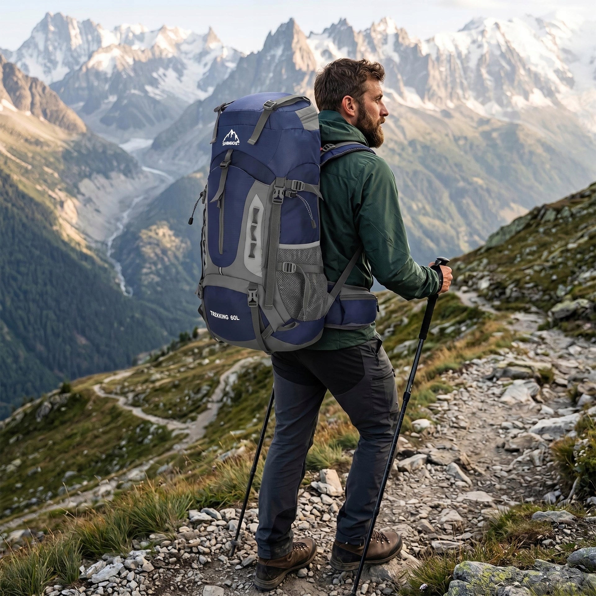 HIKING BACKPACK TREKKING MOUNTAIN IN THE MOUNTAINS 60L MEN'S WOMEN'S STRONG NAVY BLUE Additional features safety whistle trekking pole mounting system hip belt chest strap back ventilation system harness ventilation system rain cover