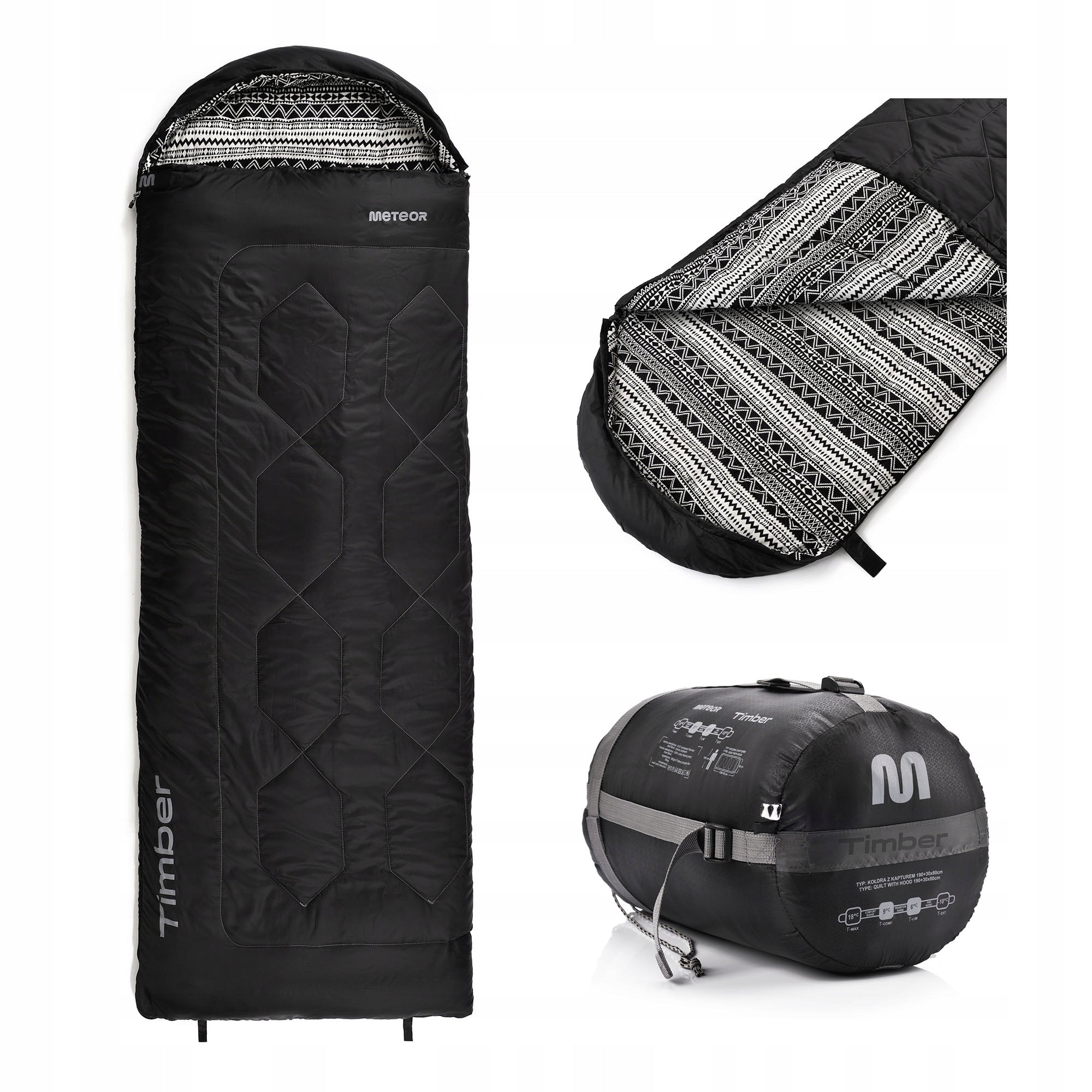 HIKING SLEEPING BAG COTTON METEOR TIMBER duvet with hood in cover
