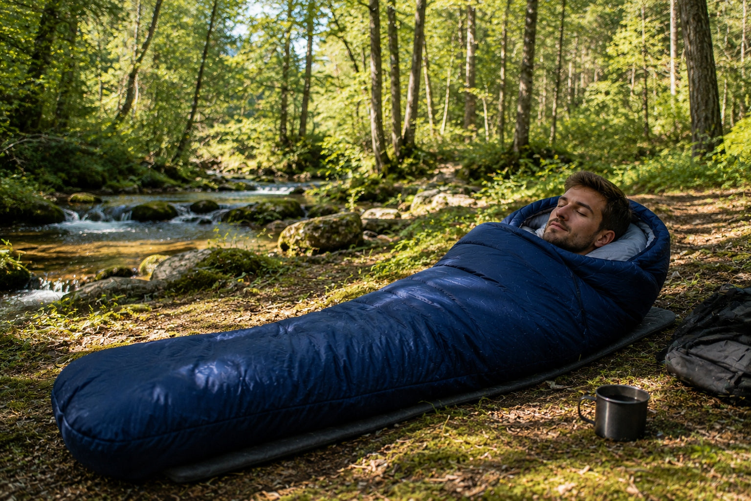 HIKING SLEEPING BAG WARM MUMMY DUVET 2IN1 LARGE WITH HOOD NAVY BLUE Packaging status original