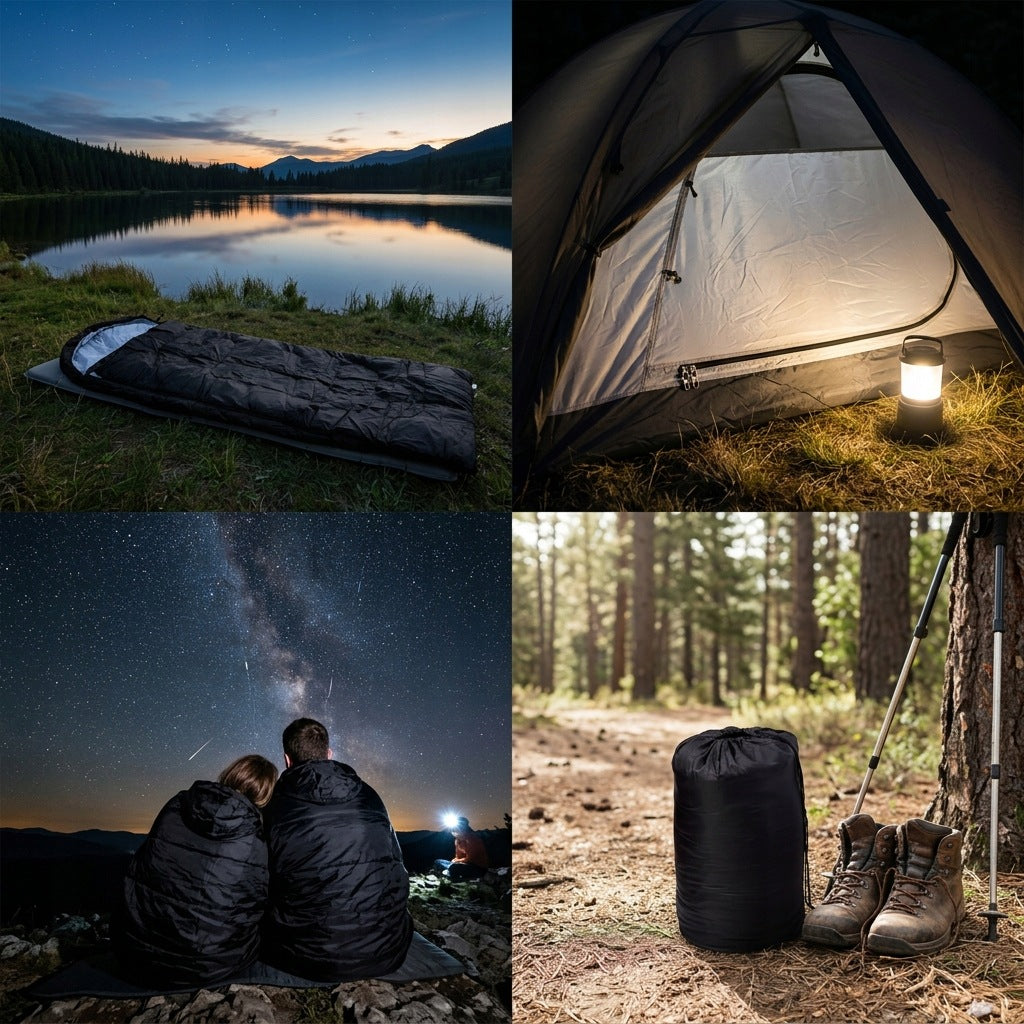 HIKING SLEEPING BAG WITH HOOD TENT DUVET BLACK 2IN1 210CM MONTESSA Manufacturer code ŚPIWÓR 950G CZARNY
