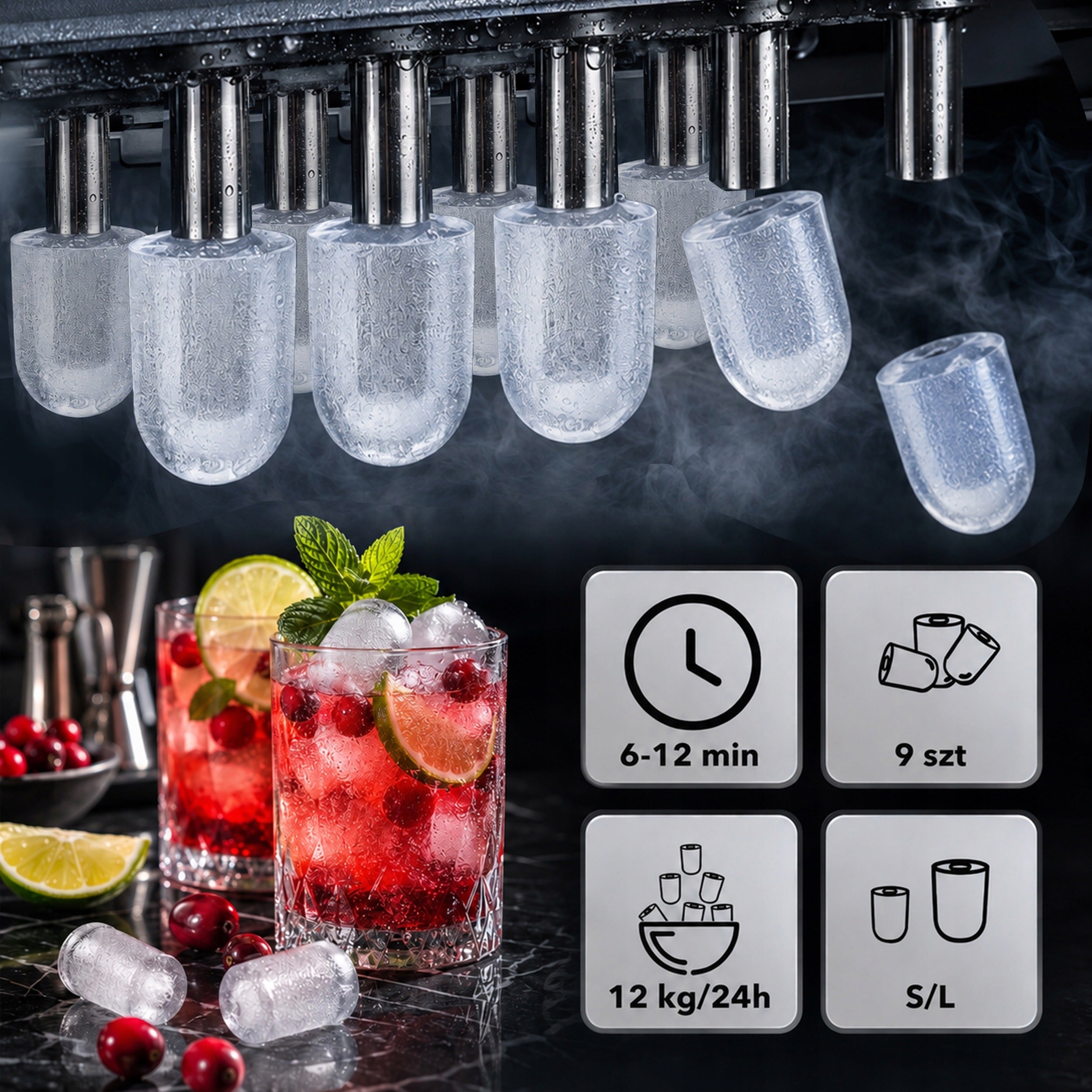 HIX Ice Maker Efficient Fast Quiet Cube Machine 12kg + Blade Manufacturer code Domowa kostkarka do lodu czarna lód cicha