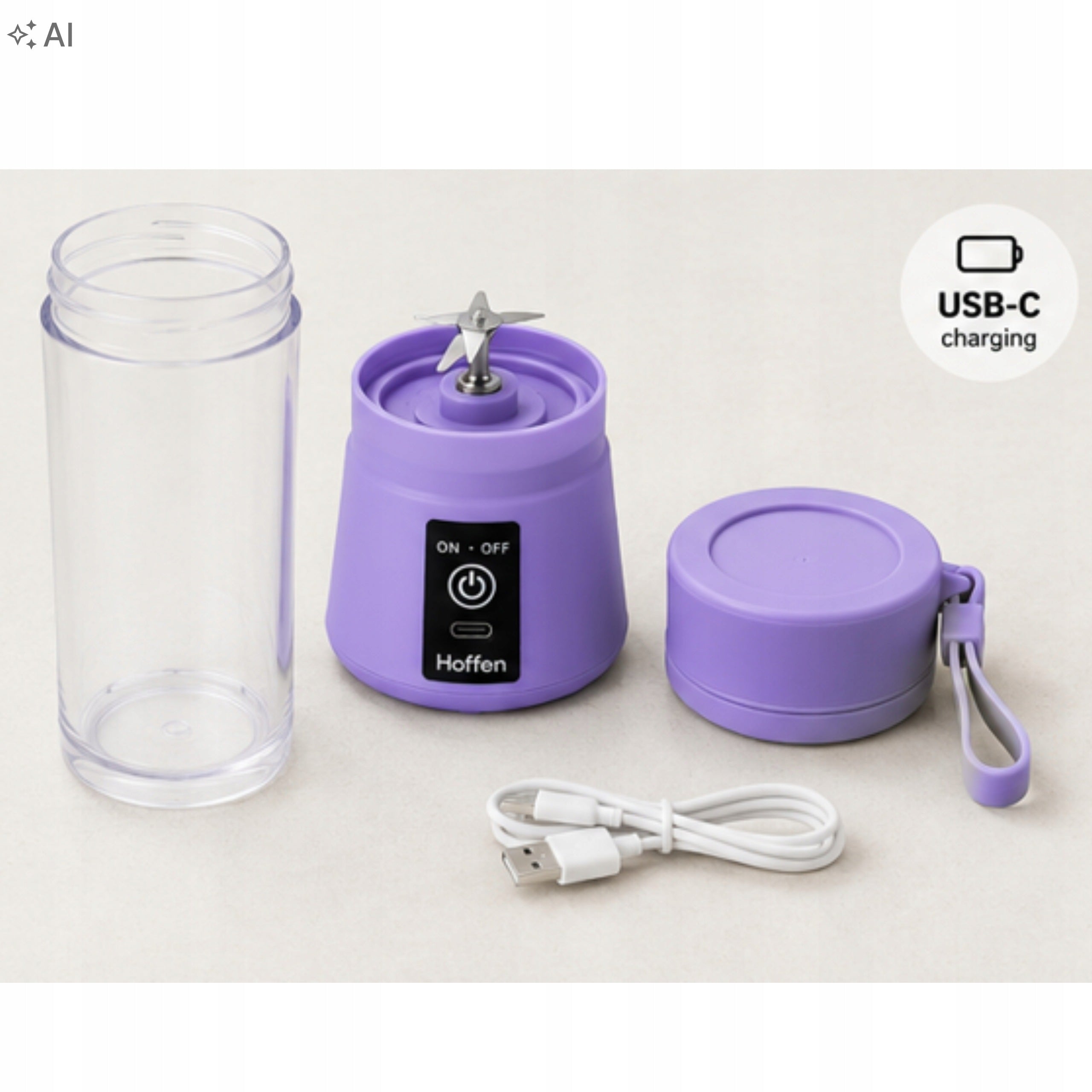 HOFFEN BLENDER PORTABLE TRAVEL CORDLESS PURPLE 65W 300 ml Packaging status original