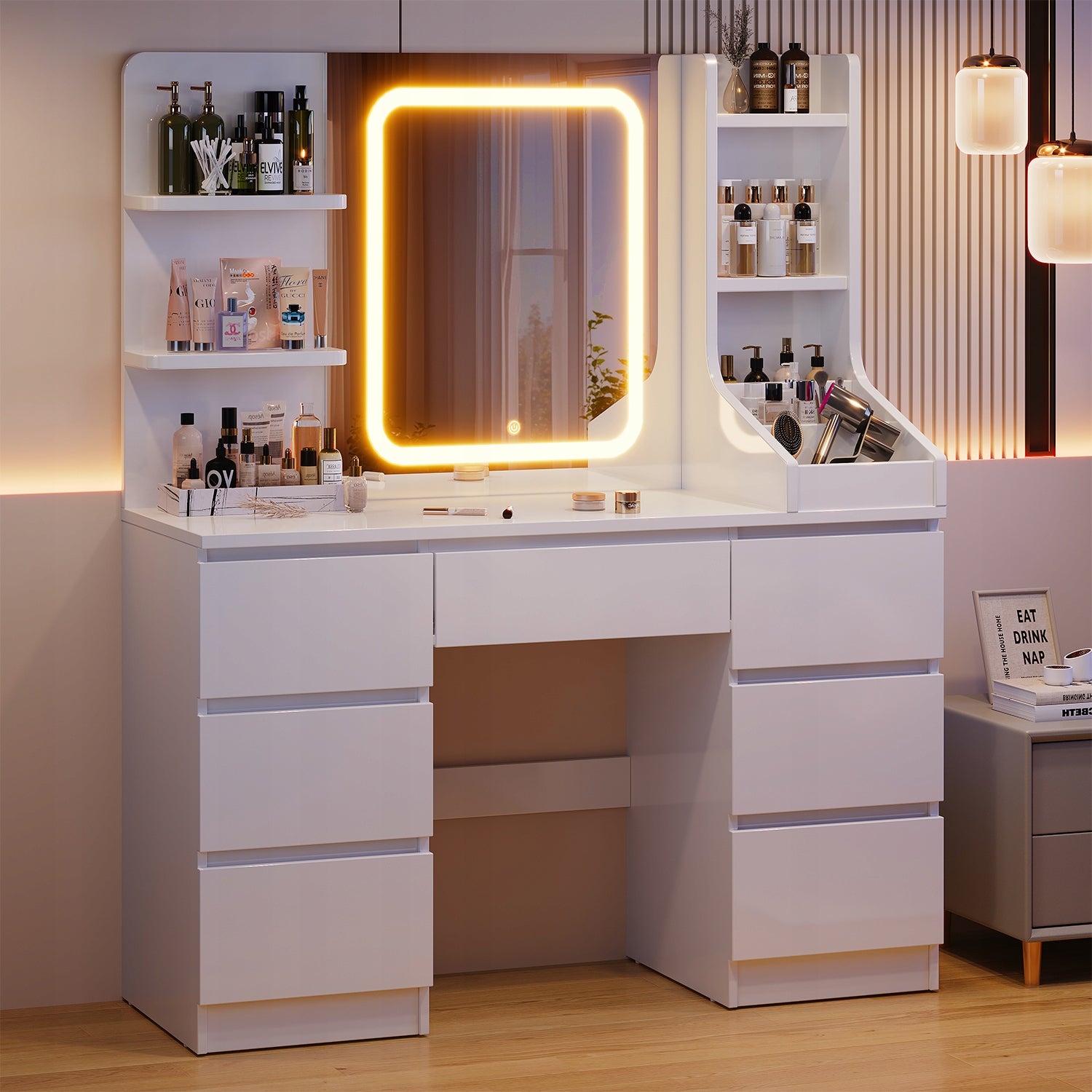 HOMALL Toaletka kosmetyczna biała z lustrem LED i 7 szufladami 139x110x40cm Furniture color white