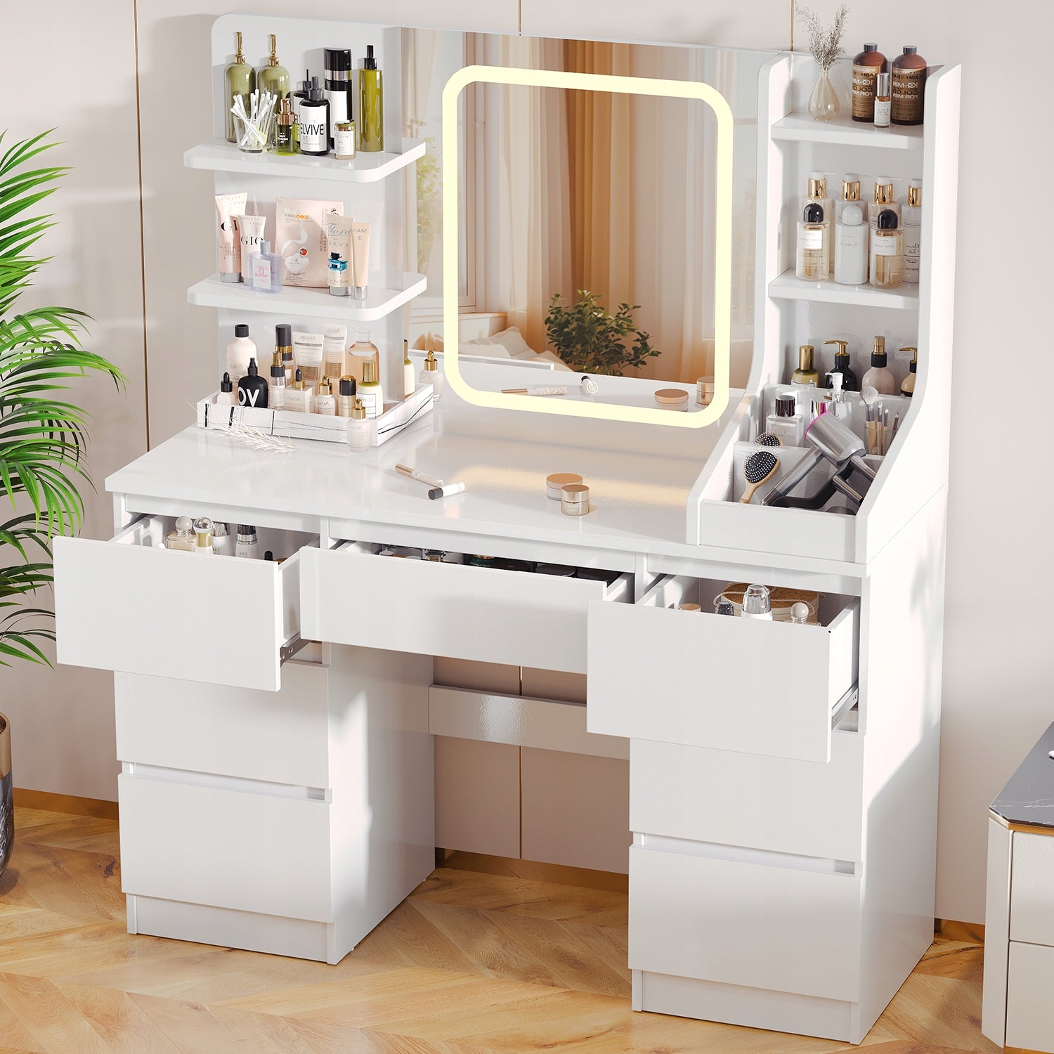 HOMALL Toaletka kosmetyczna biała z lustrem LED i 7 szufladami 139x110x40cm Furniture depth 40 cm