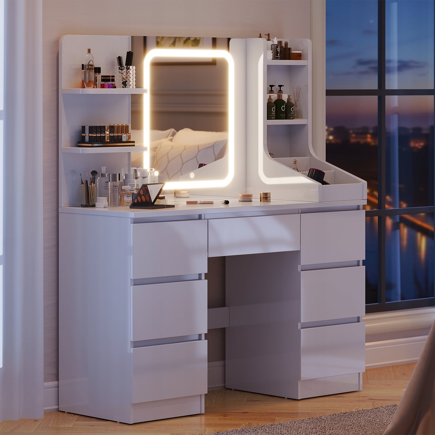 HOMALL Toaletka kosmetyczna biała z lustrem LED i 7 szufladami 139x110x40cm Furniture width 110 cm