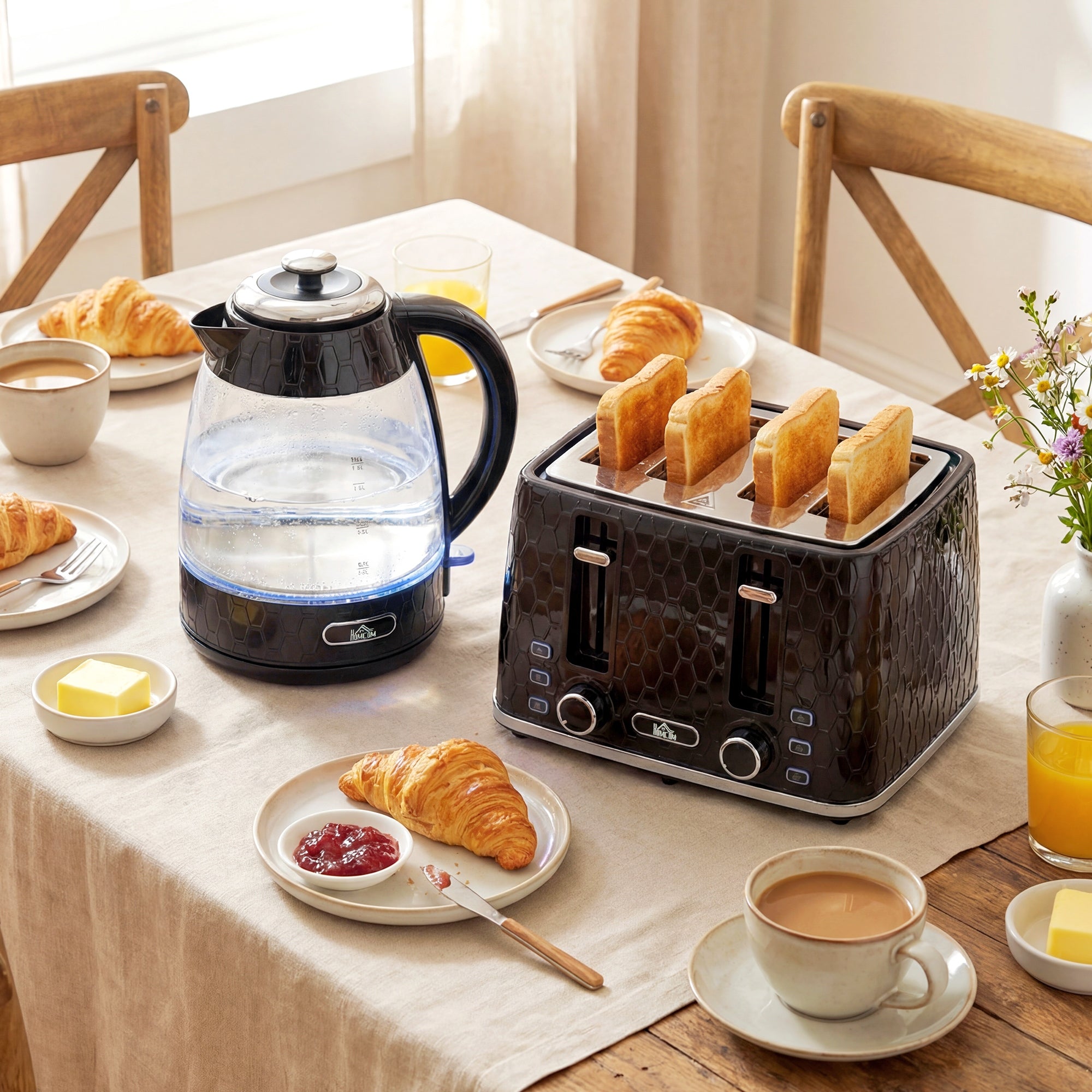 HOMCOM Kettle and Toaster Set with Crumb Tray, Black Packaging status original