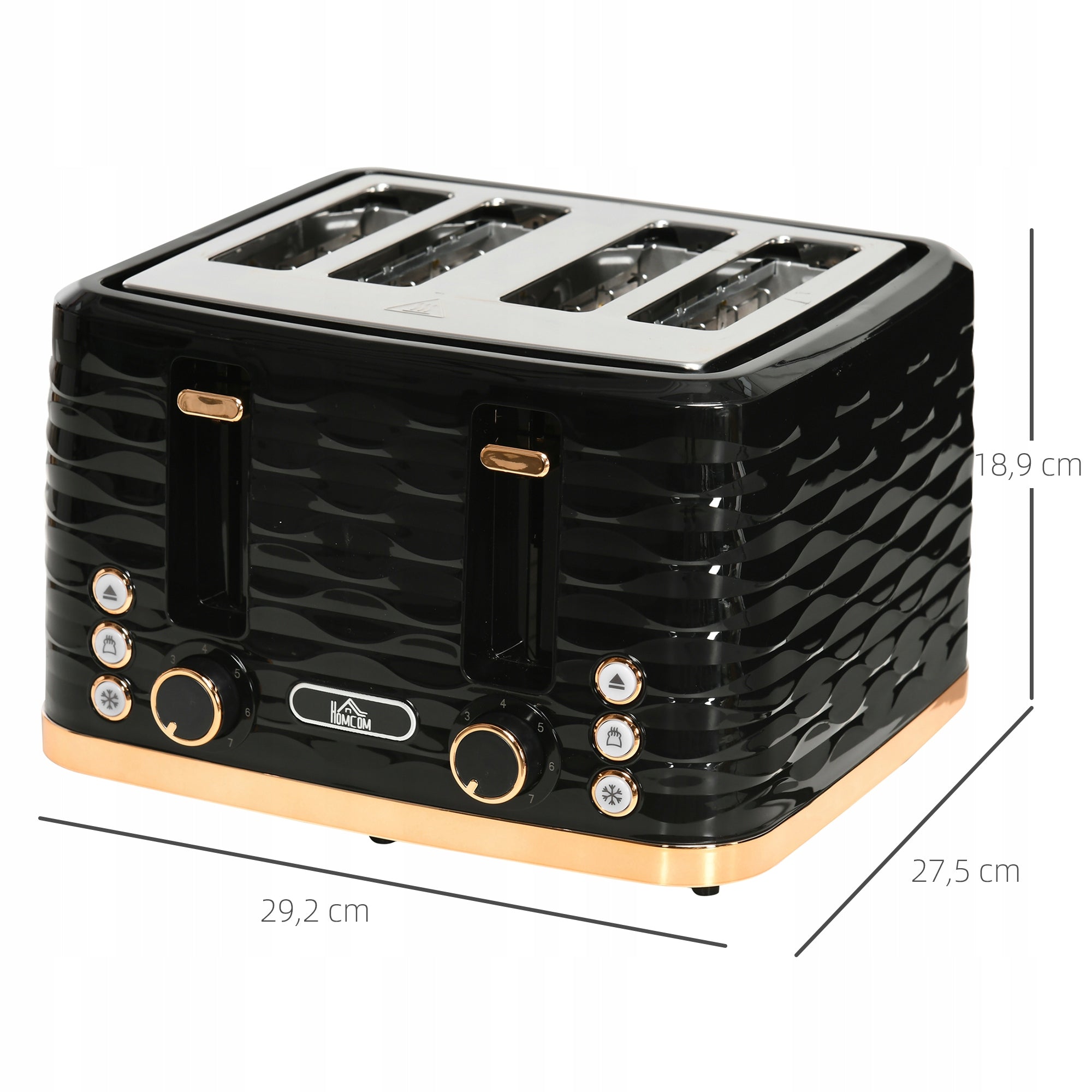 HOMCOM Toaster for 4 slices with defrost function, Black Dominant color black