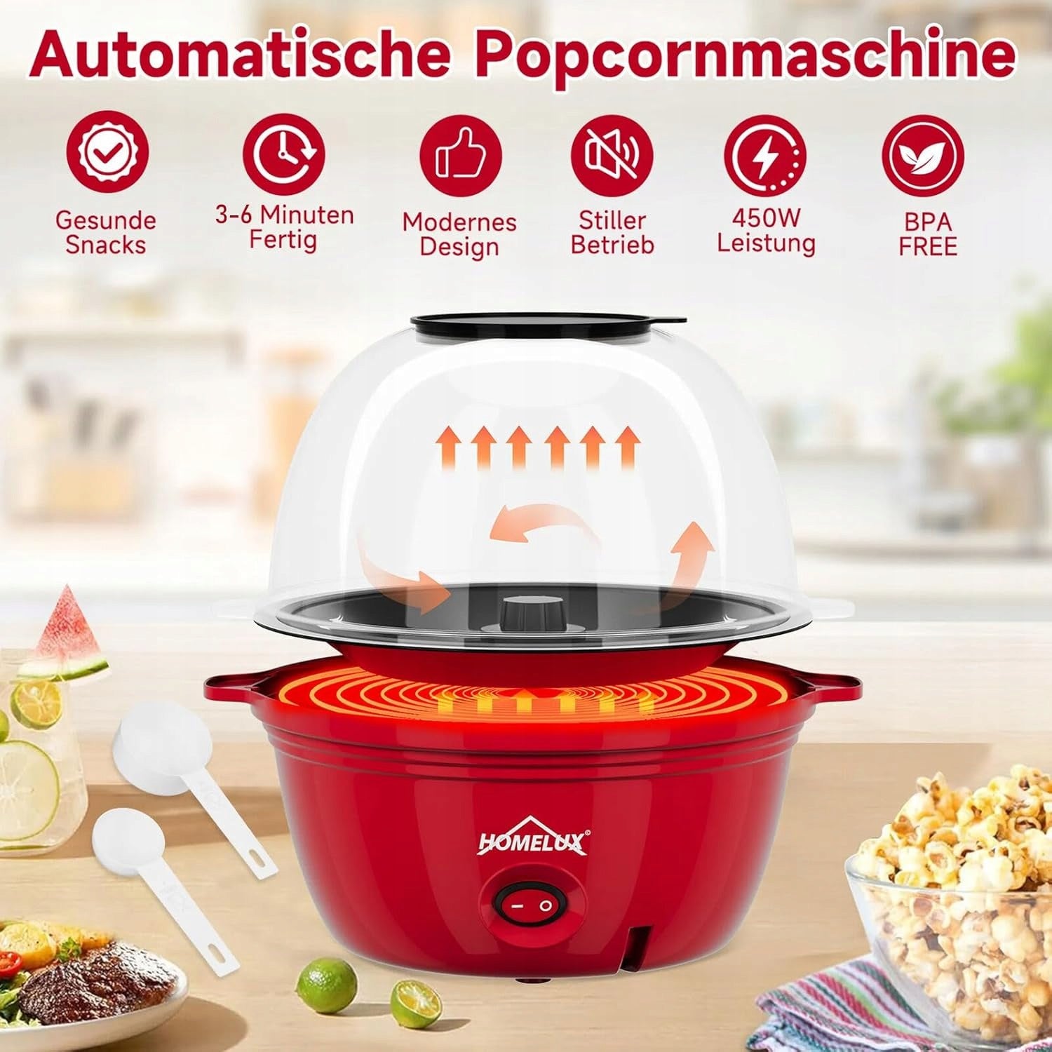 HOMELUX POPCORN MACHINE 450W RETRO 2,5L FAST QUIET RED Packaging status original