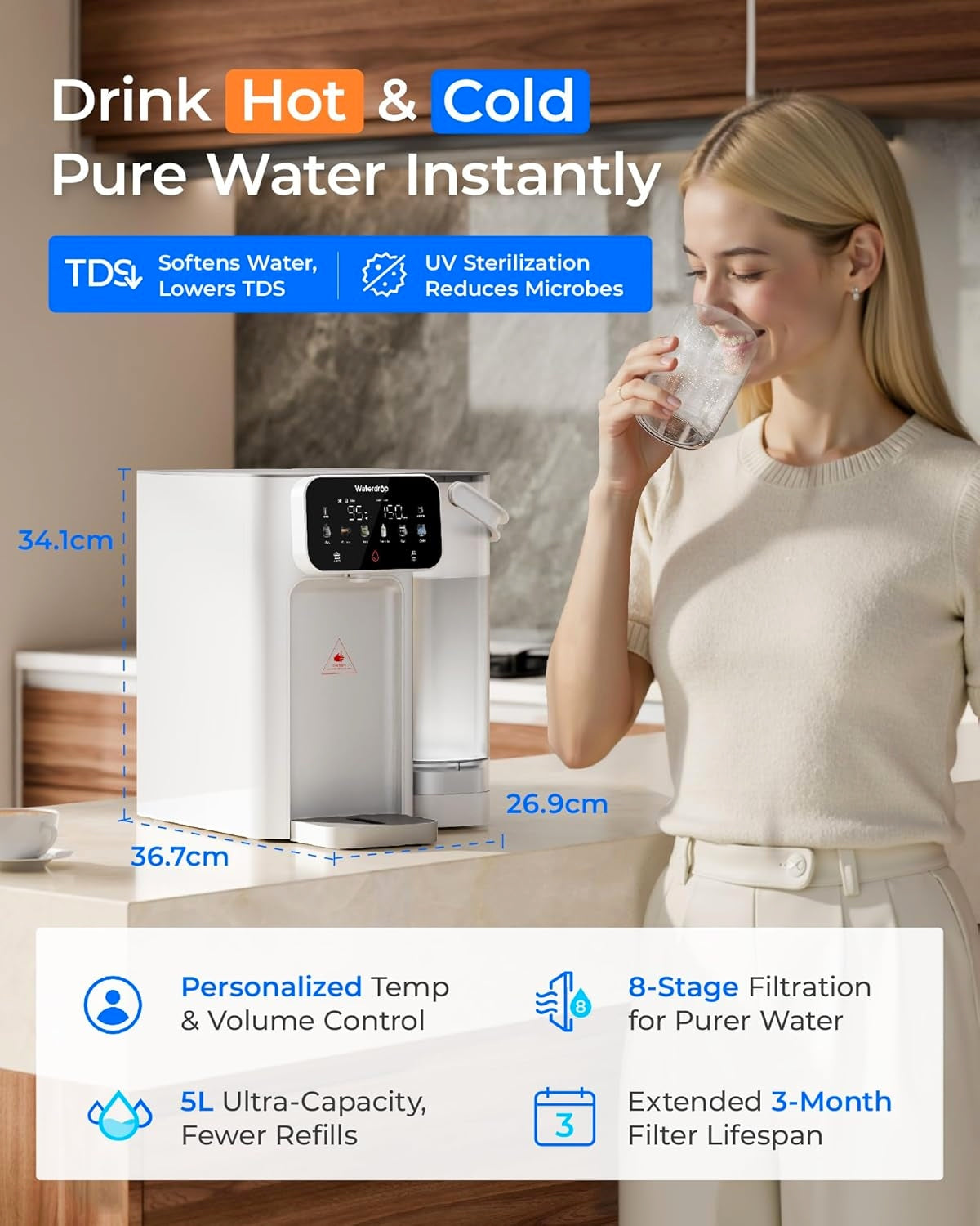 HOT AND COLD WATER DISPENSER WITH 8 DEGREE FILTER UV STERILIZATION Brand Waterdrop