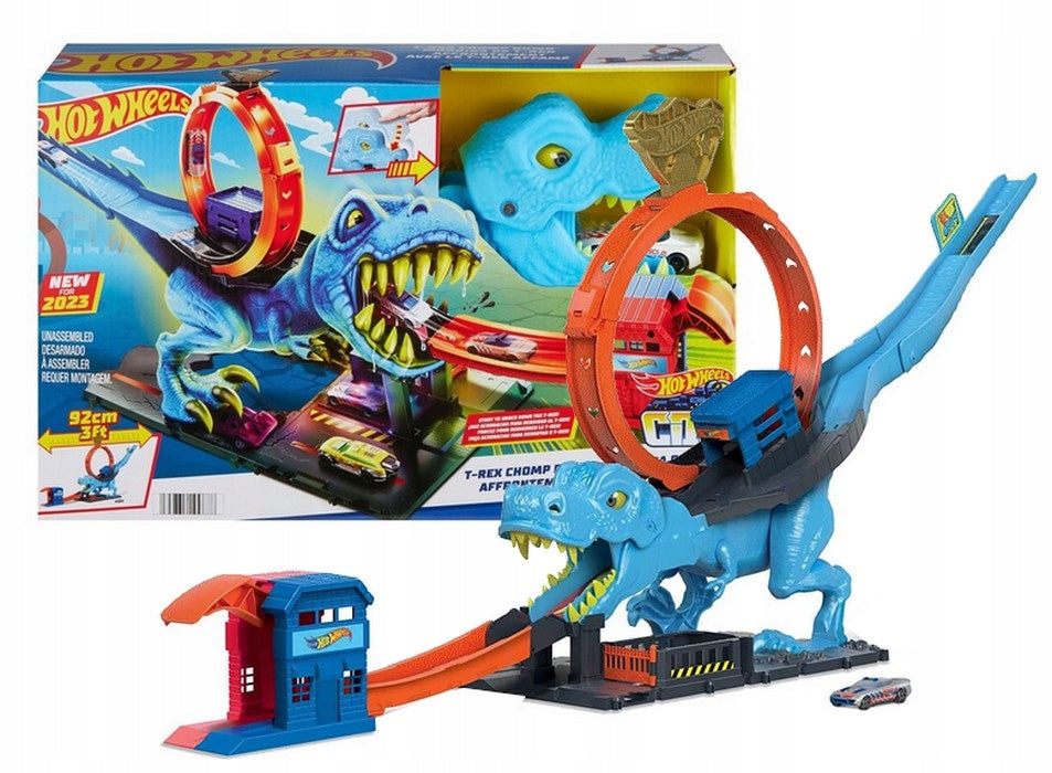 HOT WHEELS CITY T-REX LOOP TRACK SET + 1:64 car set for children +4