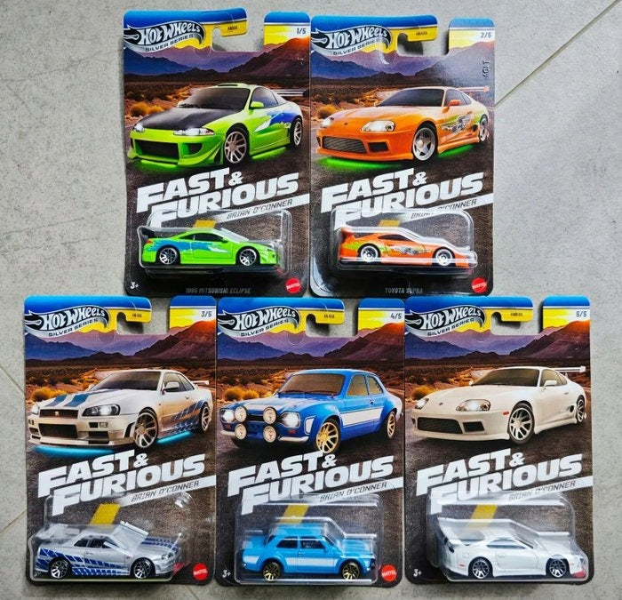 HOT WHEELS FAST AND FURIOUS BRIAN O-CONNER SET OF 5 CARS SILVER SERIES Packaging status original