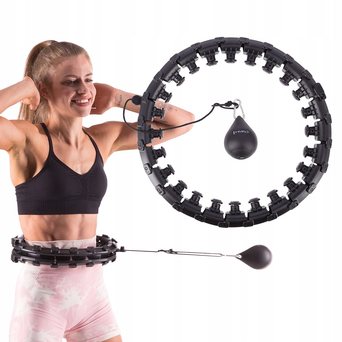 HULA HOOP SET HHW01 BLACK WITH PROJECTIONS AND WEIGHT HMS + BELT BR163 RED Manufacturer code 17-44-608