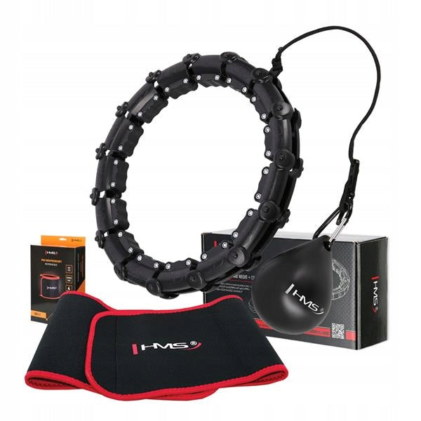 HULA HOOP SET HHW02 BLACK WITH PROJECTIONS AND WEIGHT HMS + BELT BR163 RED