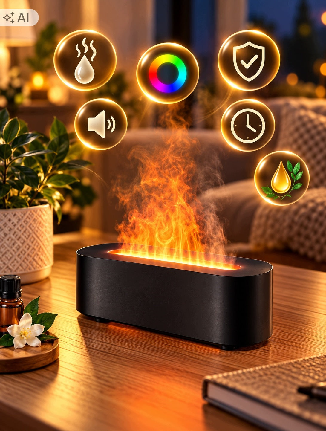 HUMIDIFIER AROMA DIFFUSER AROMATIC FLAME EFFECT 7 COLORS Packaging status original