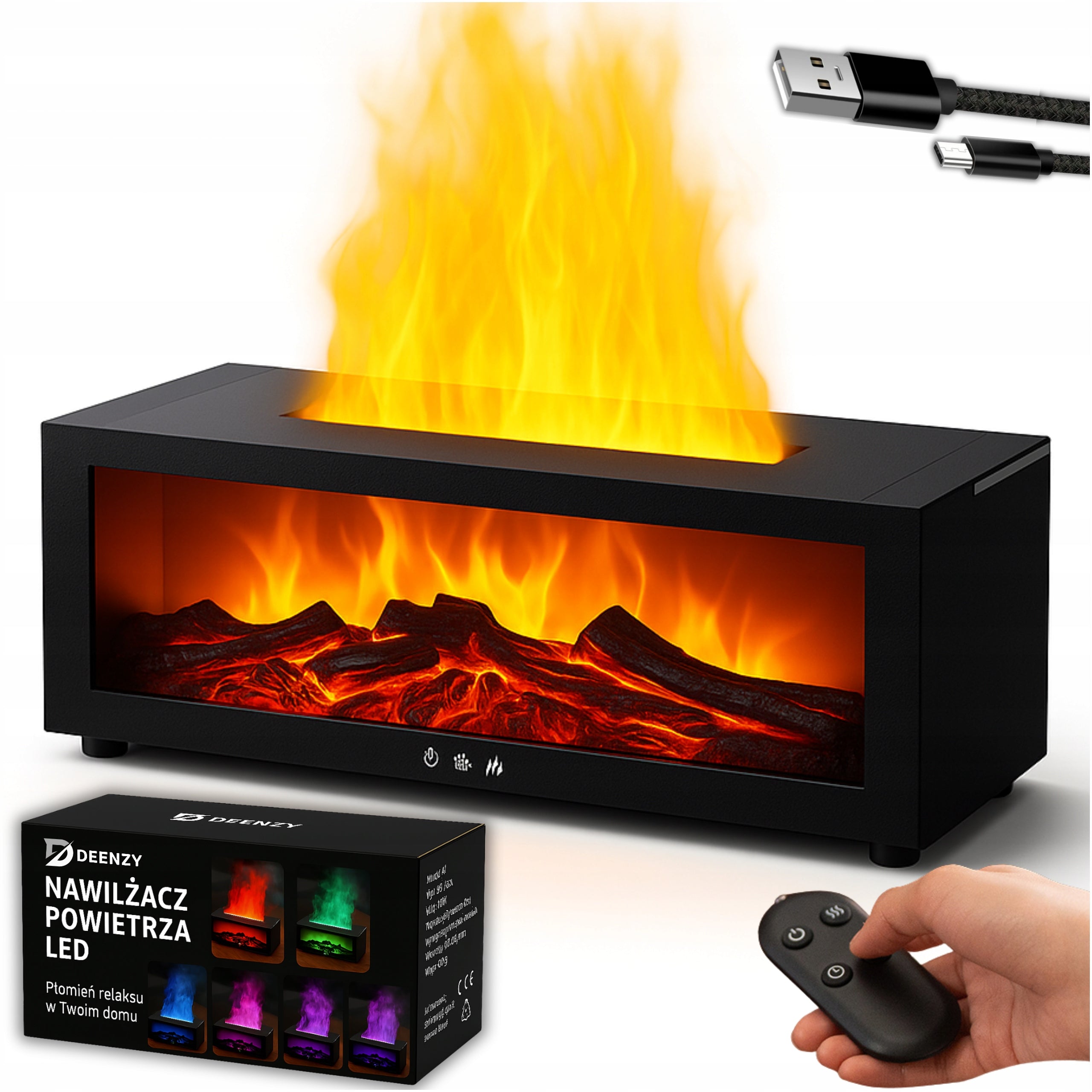 HUMIDIFIER FIREPLACE LED RGB DIFFUSER AROMATHERAPY TIMER + REMOTE CONTROL