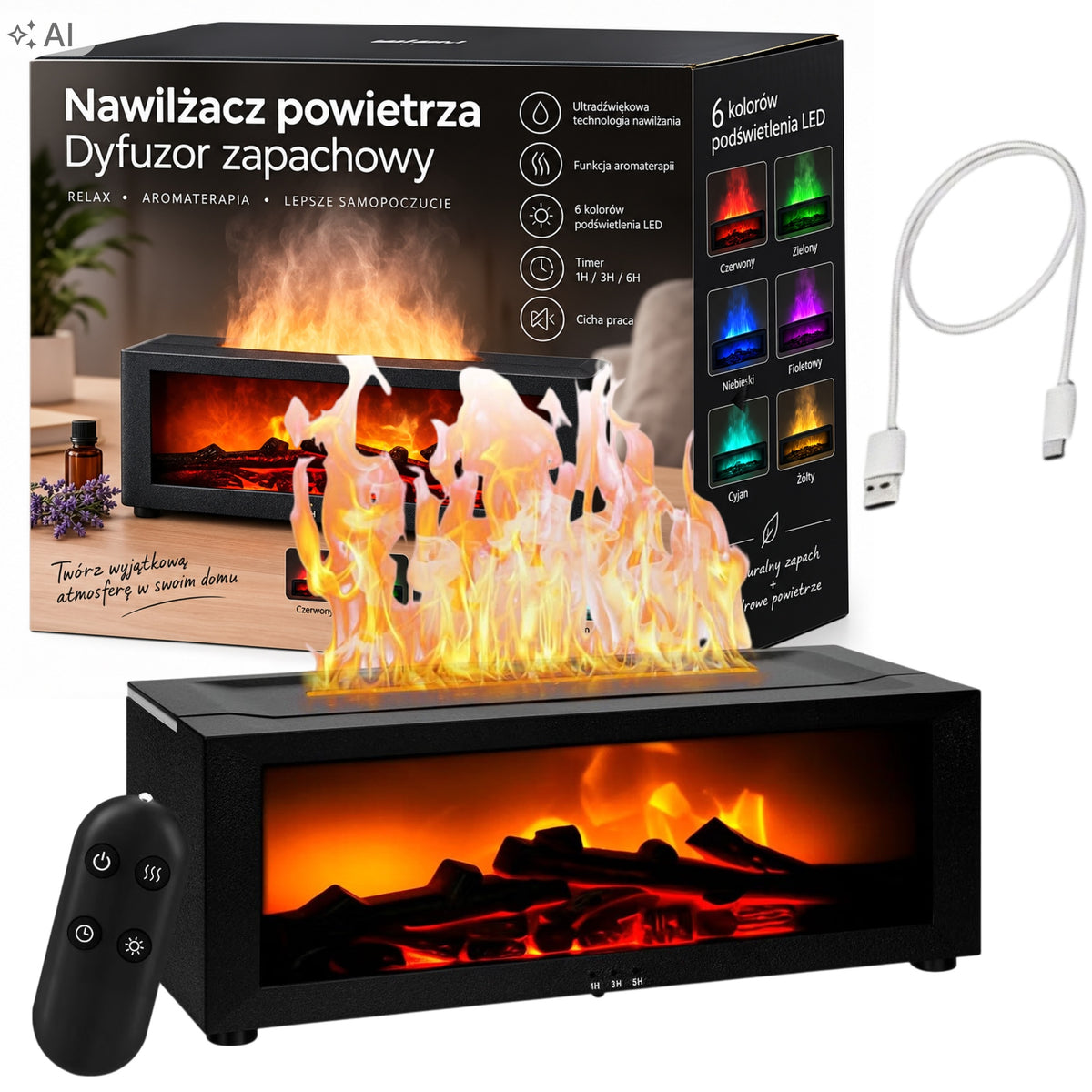 HUMIDIFIER FIREPLACE LED RGB DIFFUSER AROMATHERAPY TIMER + REMOTE CONTROL