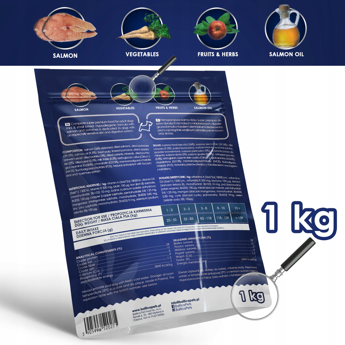 HYPOALLERGENIC DRY FOOD FOR ADULT DOGS SMALL BREED BALTICA SALMON 1KG Manufacturer code 5904870034392