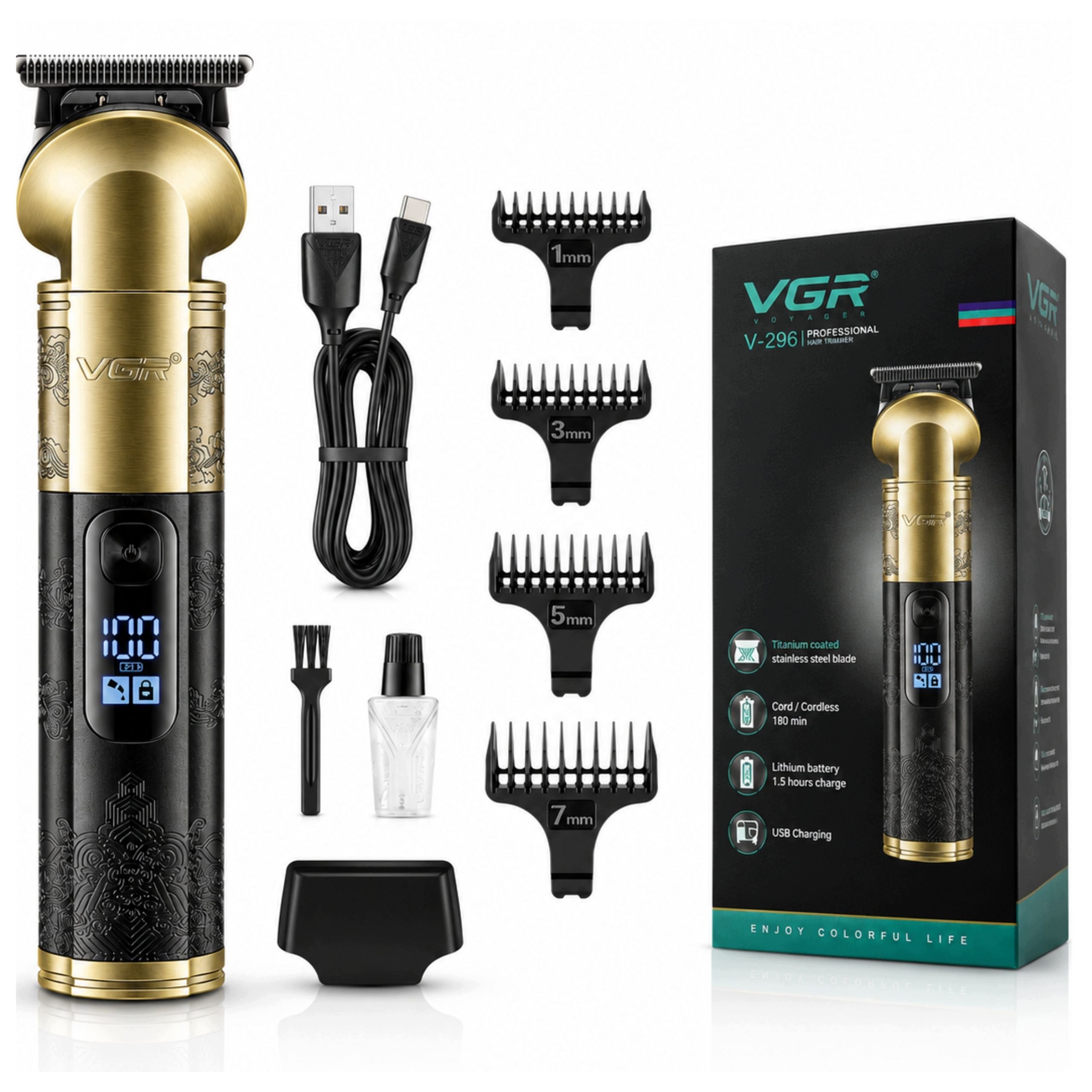Hair Beard Trimmer Contour Metal LED USB 180min Titanium Blades