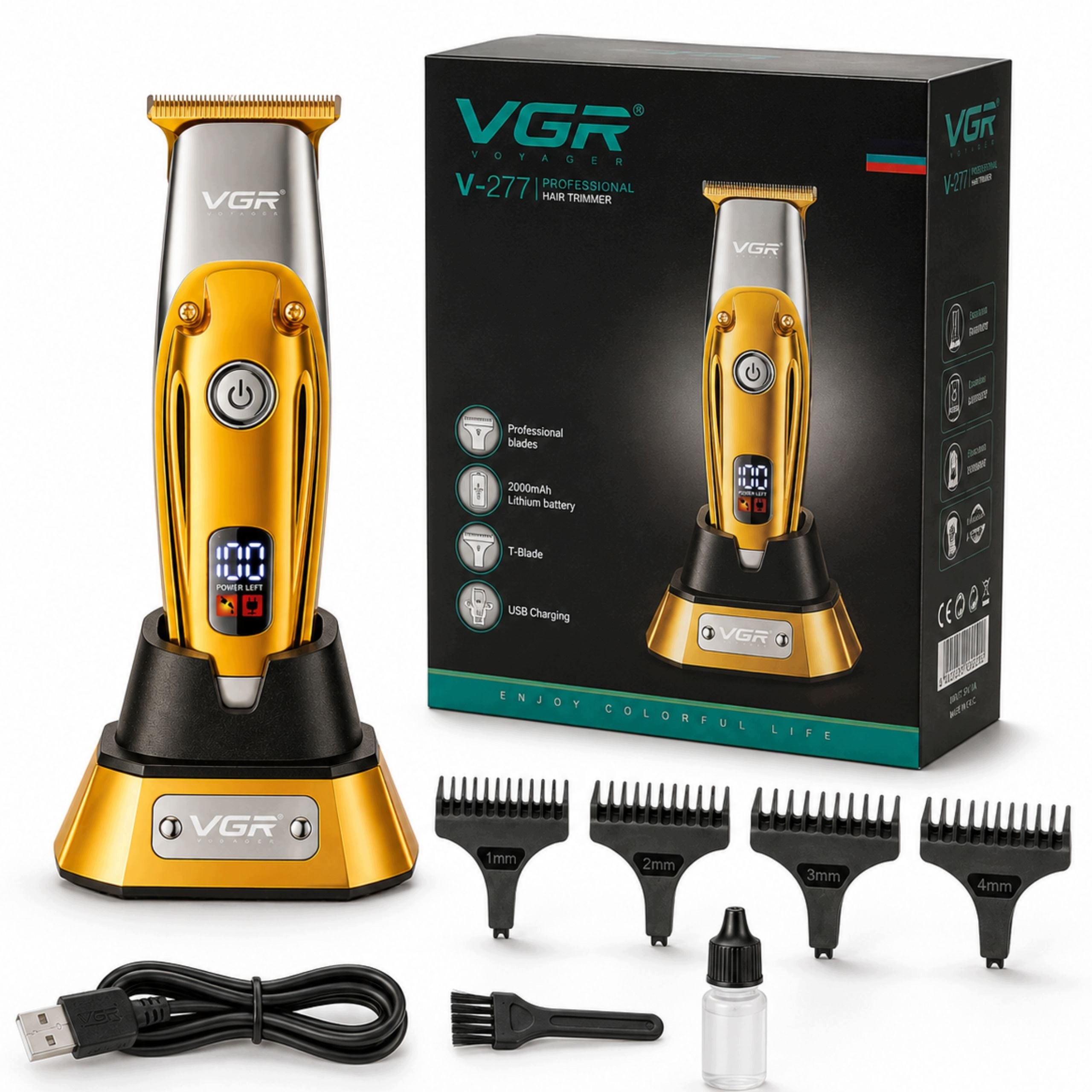 Hair Clipper Men's Wireless T-Blade LED USB 4 Caps Packaging status original