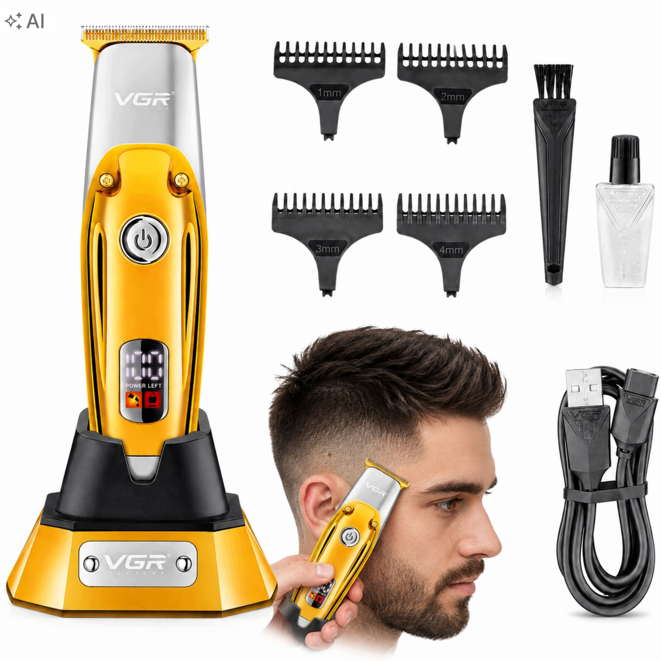 Hair Clipper Men's Wireless T-Blade LED USB 4 Caps