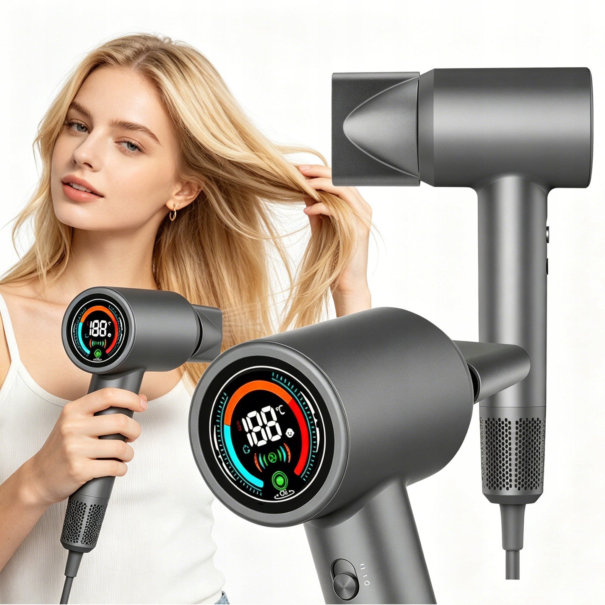 Hair Dryer 1500W with Ionization, 3 Speeds, LCD Display
