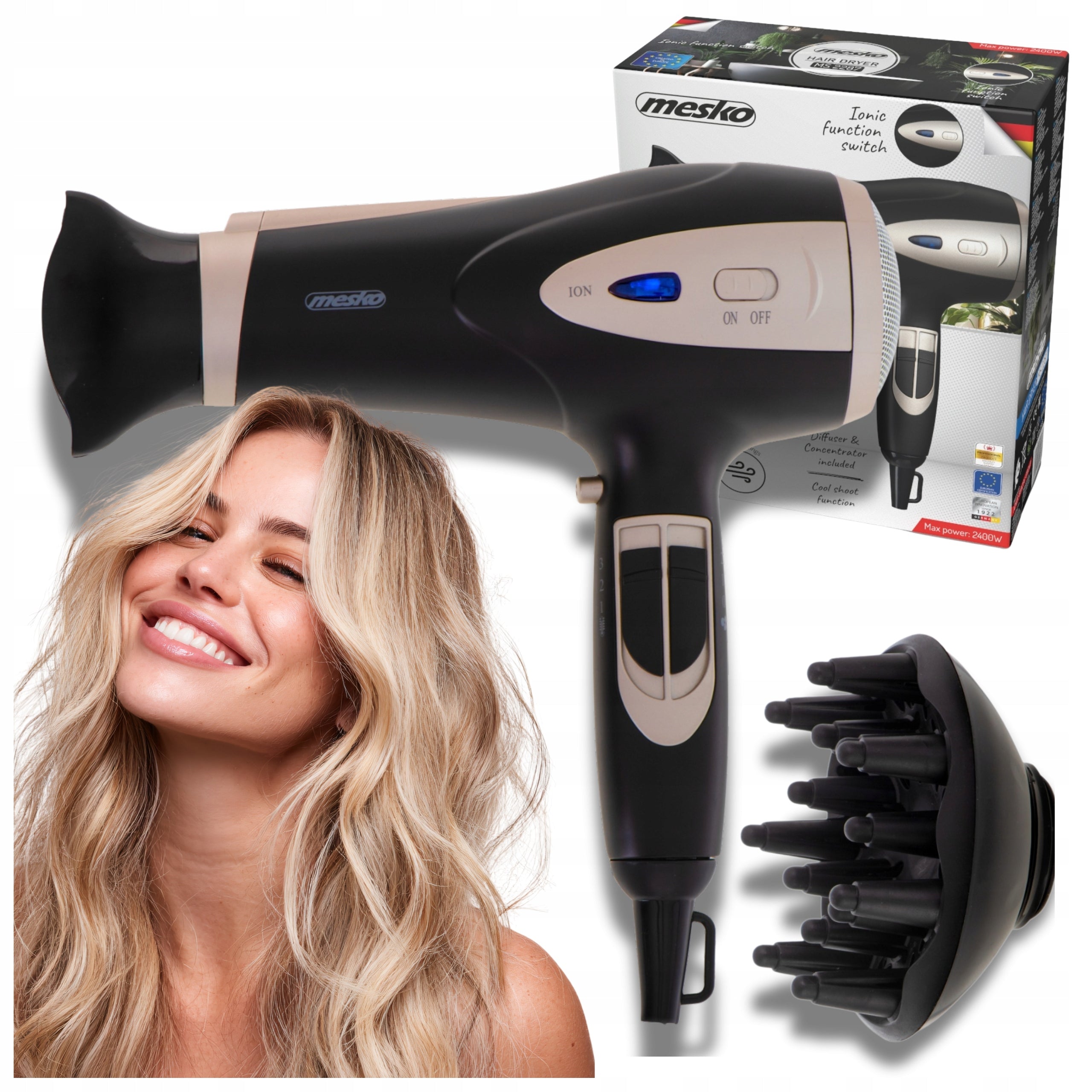 Hair Dryer 2400W WITH IONIZATION Cold Air Concentrator and Diffuser
