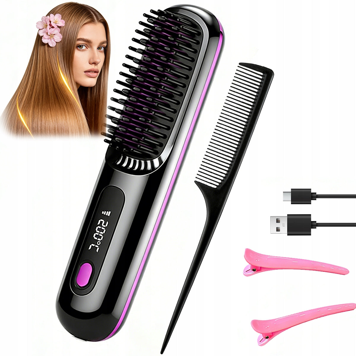 Hair Straightener, Wireless Brush, Comb, Negative Ions