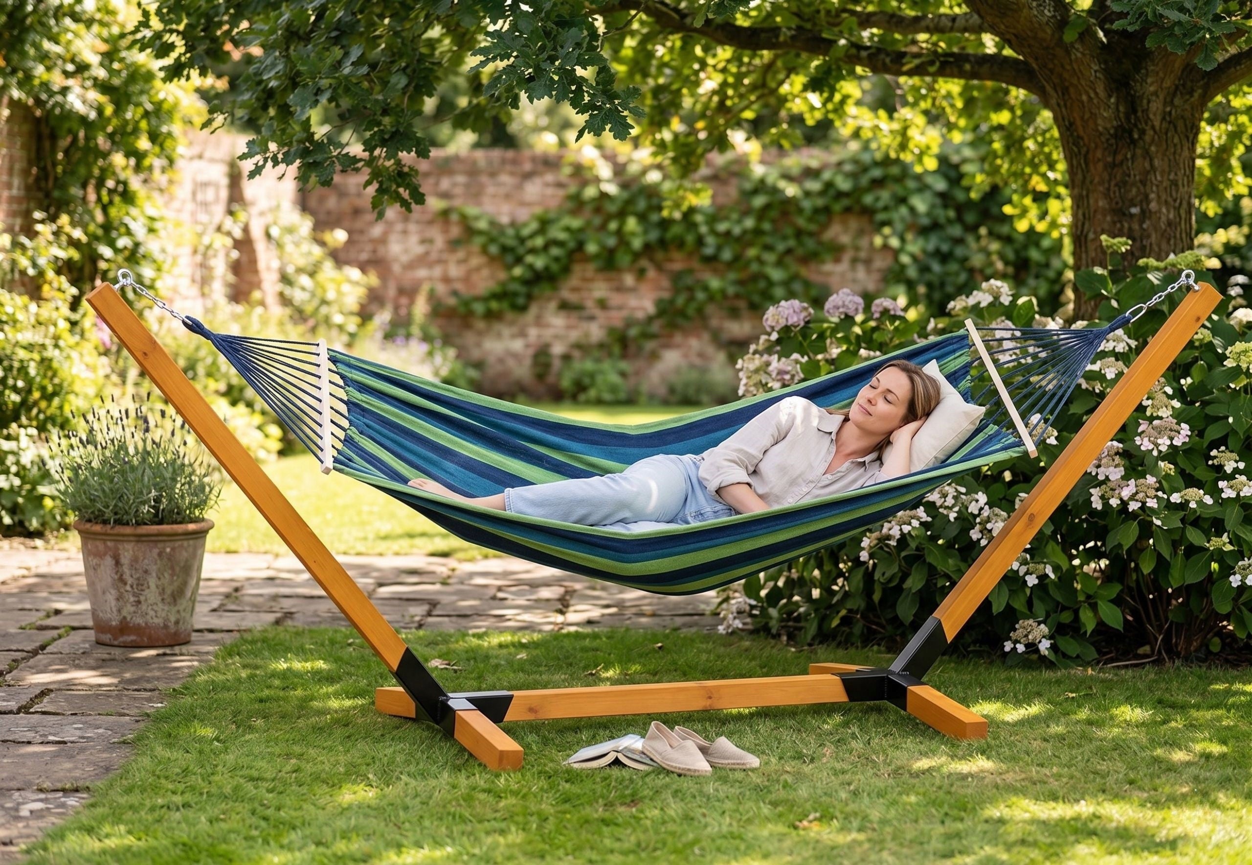 Hammock with Garden Frame Double Wooden Metal Amber Legs Manufacturer code Stojak z Hamakiem dla Dwóch osób do Ogrodu