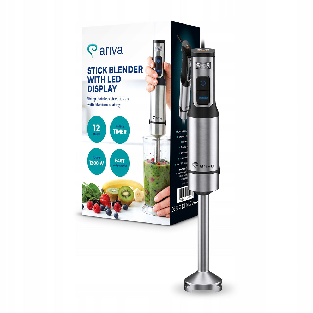 Hand Blender Ariva 1200W Steel Titanium LED Blades 12 Gear TURBO