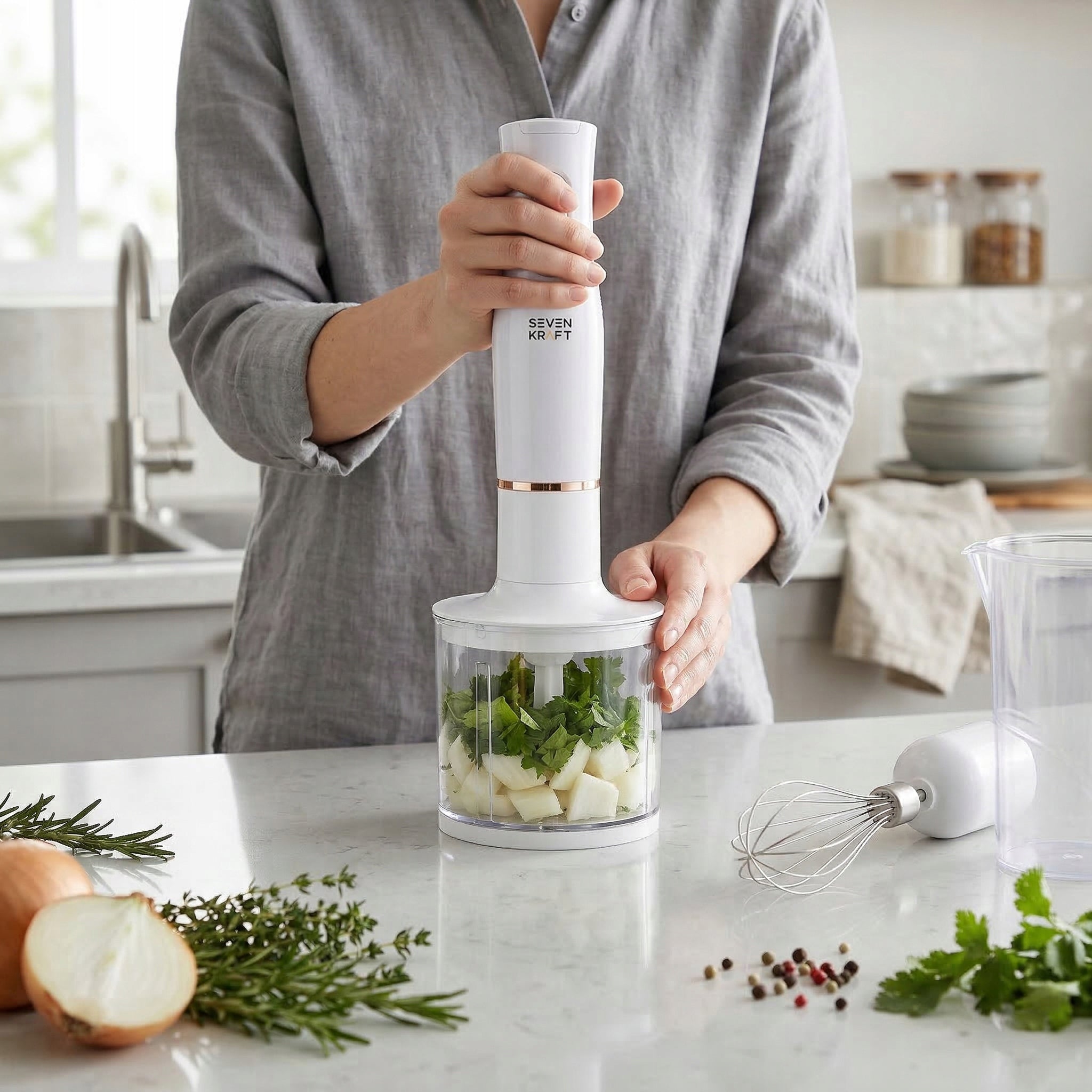 Hand Blender Multifunction Mixer Shredder Set 4in1 White 800W Brand Sevenkraft
