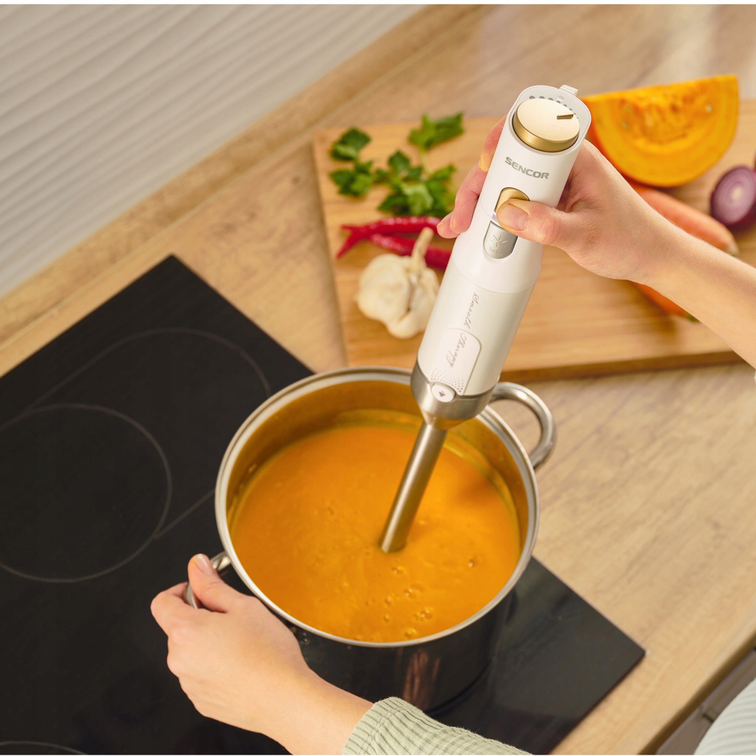 Hand Blender Vertical Sencor SHB 6441WH 6w1 1200W TITANIUM QuadBlade White Functions grinding stirring crushing