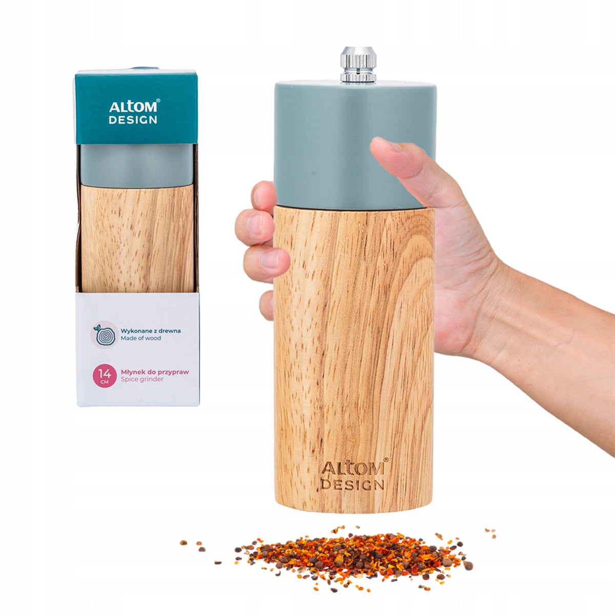 Hand grinder for salt and pepper, green Altom Design wooden spice grinder