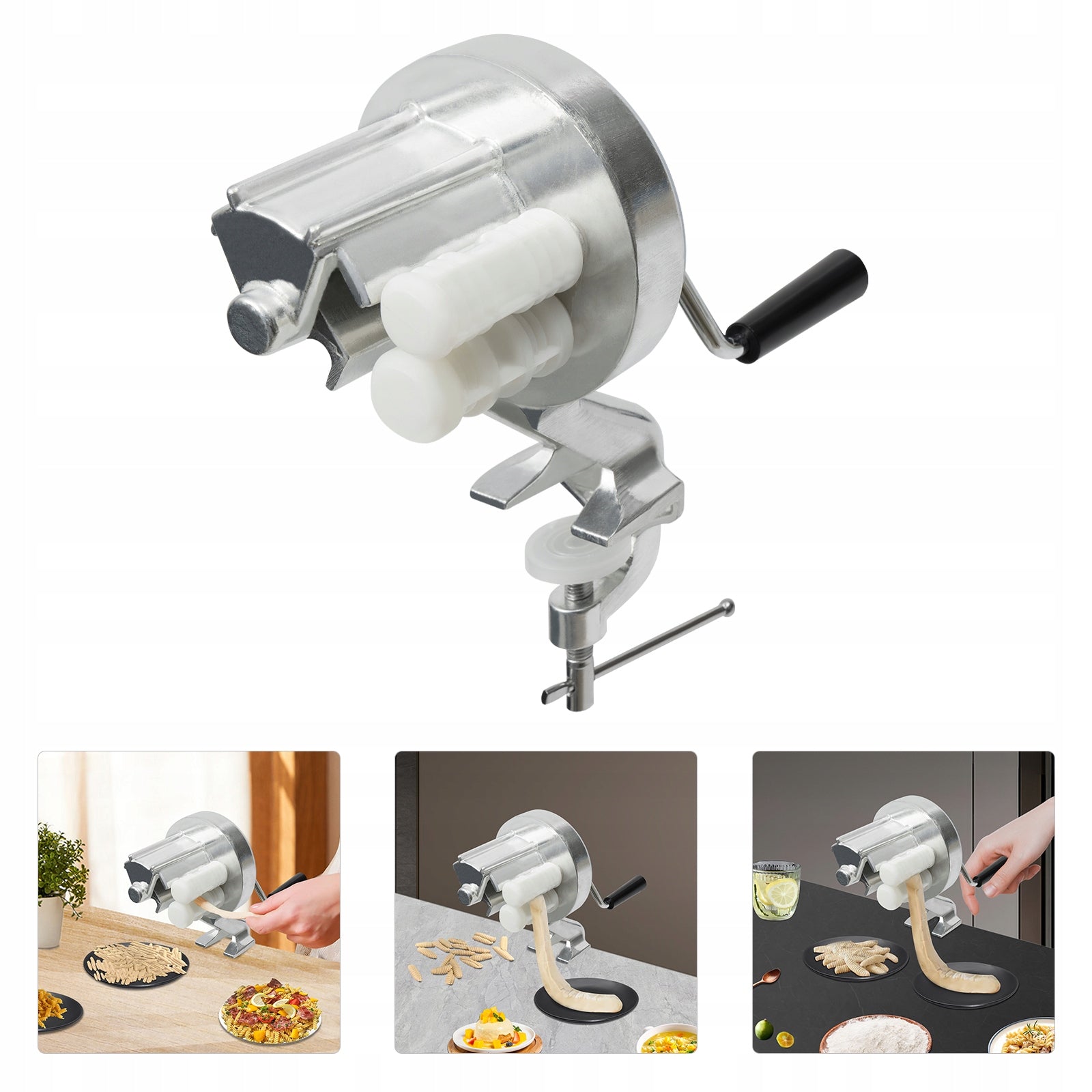 Hand-held pasta machine with handle