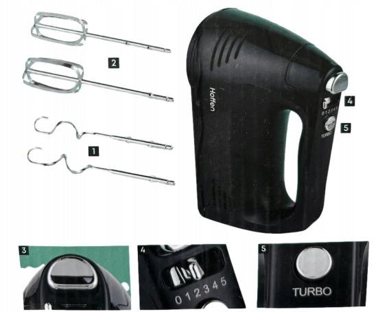 Hand mixer Hoffen 400W black speed control interchangeable tips Manufacturer code HO-00079