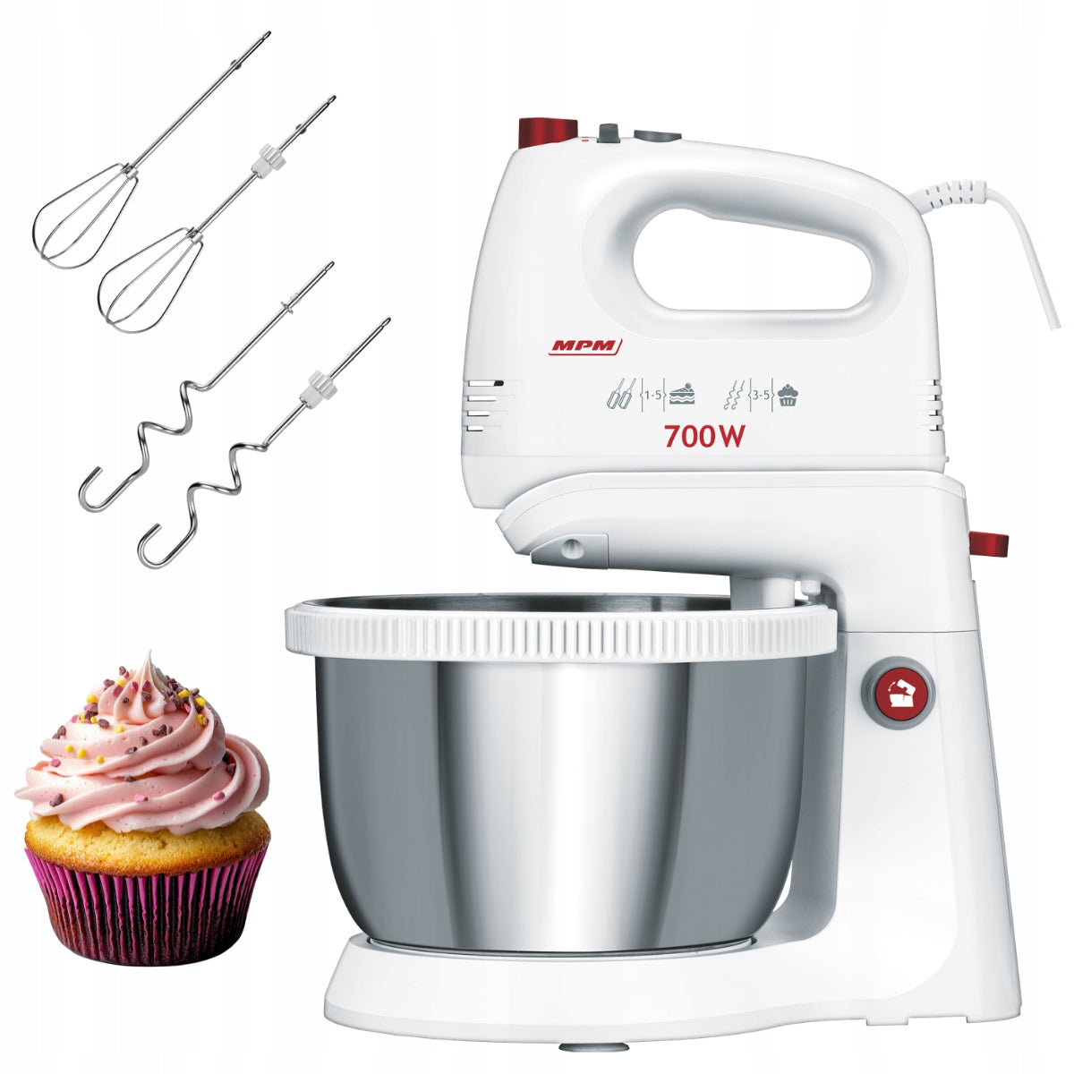 Hand mixer with bowl Food processor white 700W MPM MMR-21Z 5 Speeds
