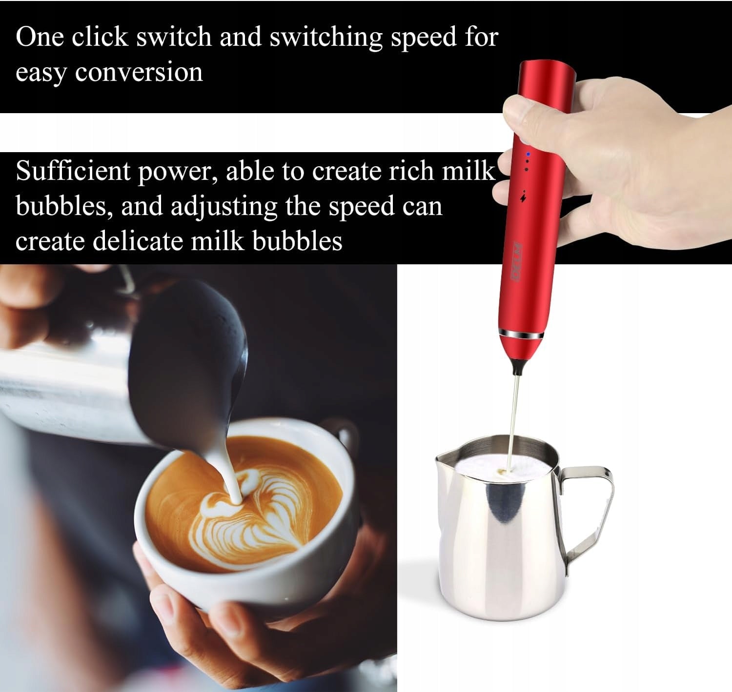 Handheld Cordless Milk Foamer with 2 Tips Red Manufacturer code LB-9023