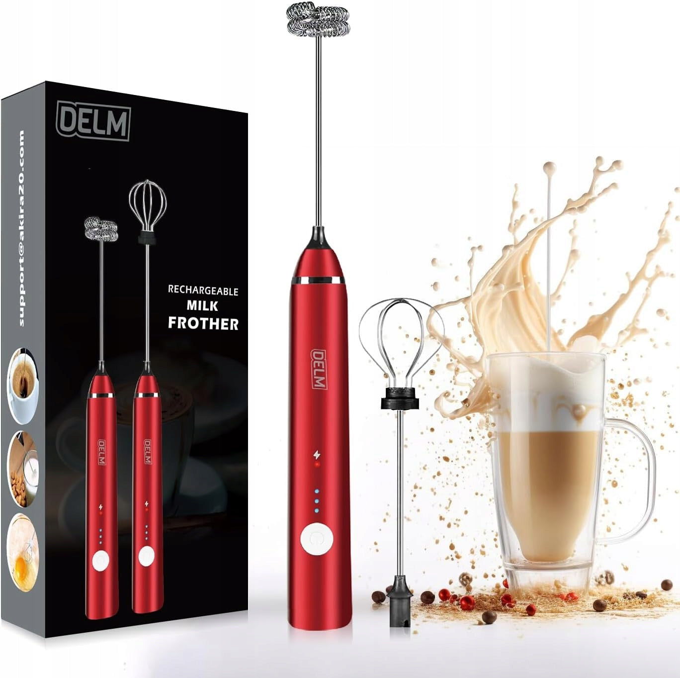 Handheld Cordless Milk Foamer with 2 Tips Red