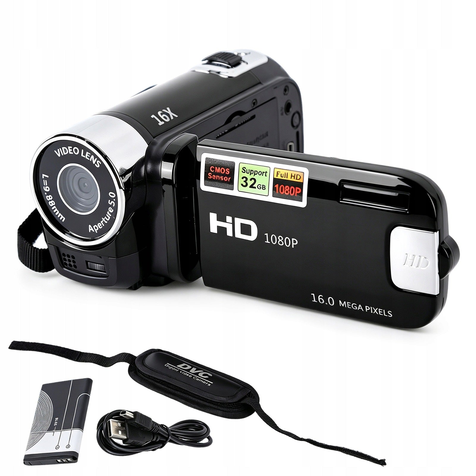 Handheld Digital 4K DV Camera Rotating Screen 16x USB Zoom Black
