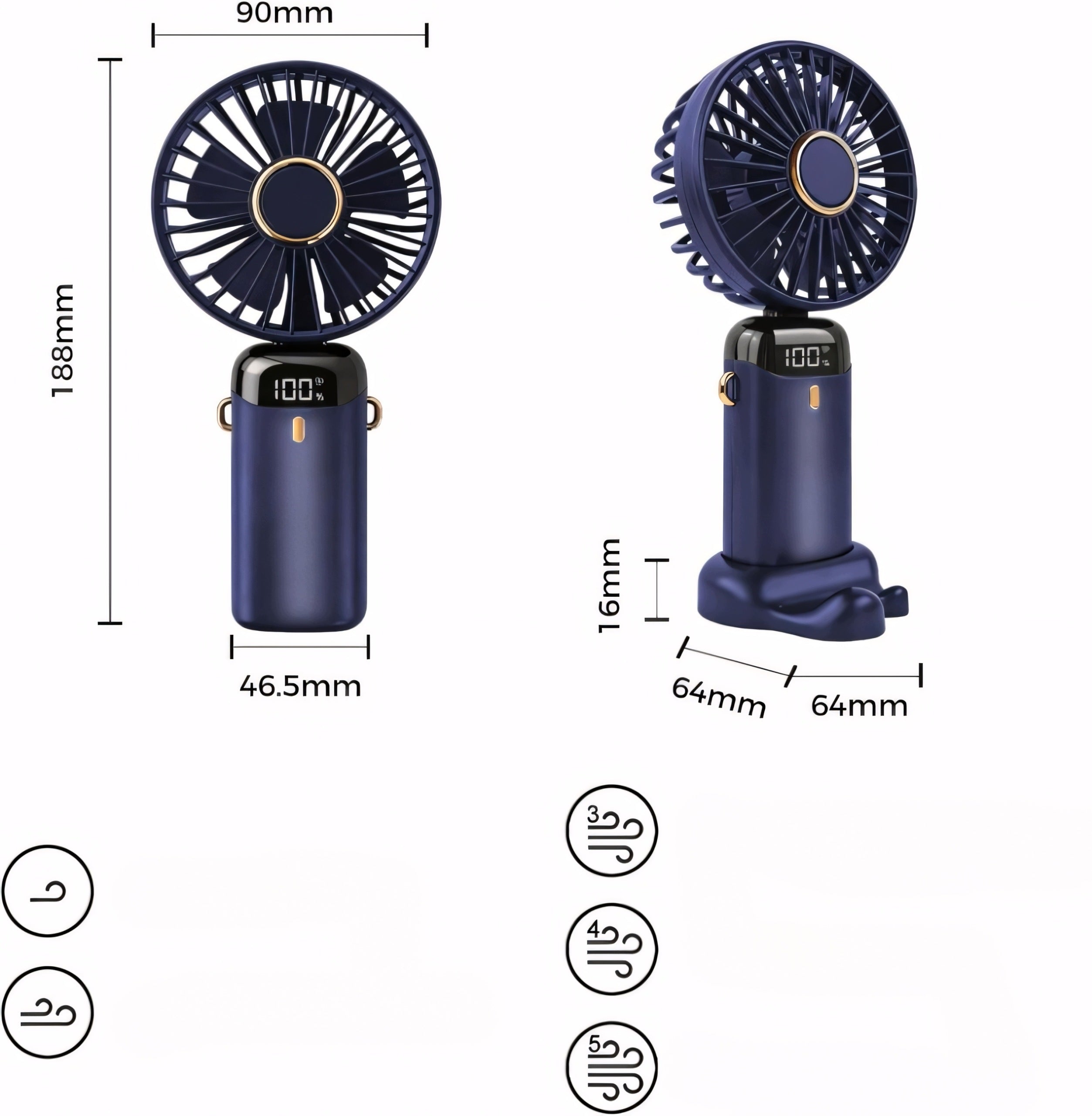 Handheld Fan Mini Windmill Portable USB-C 5000mAh LED Quiet Blue Packaging status original