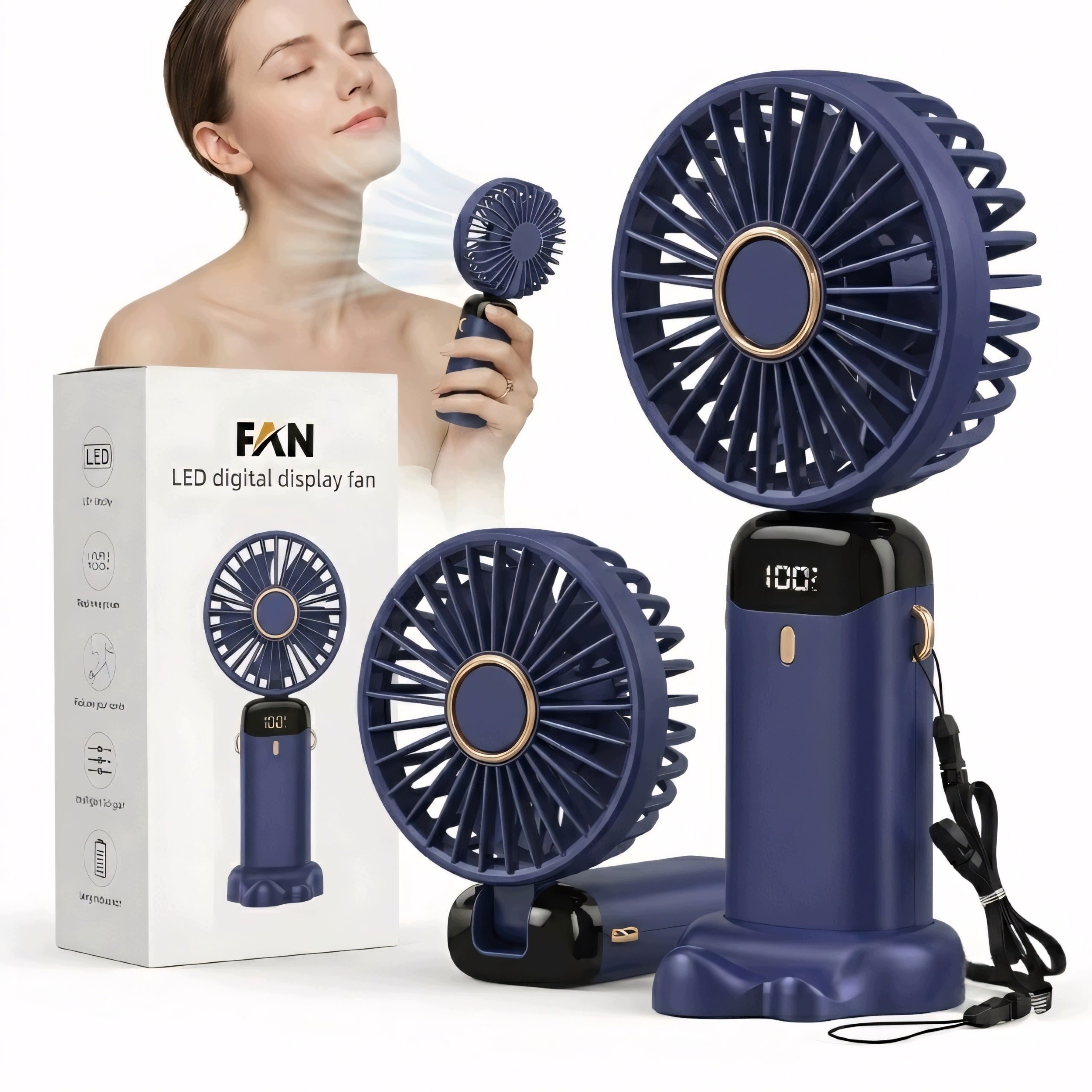 Handheld Fan Mini Windmill Portable USB-C 5000mAh LED Quiet Blue
