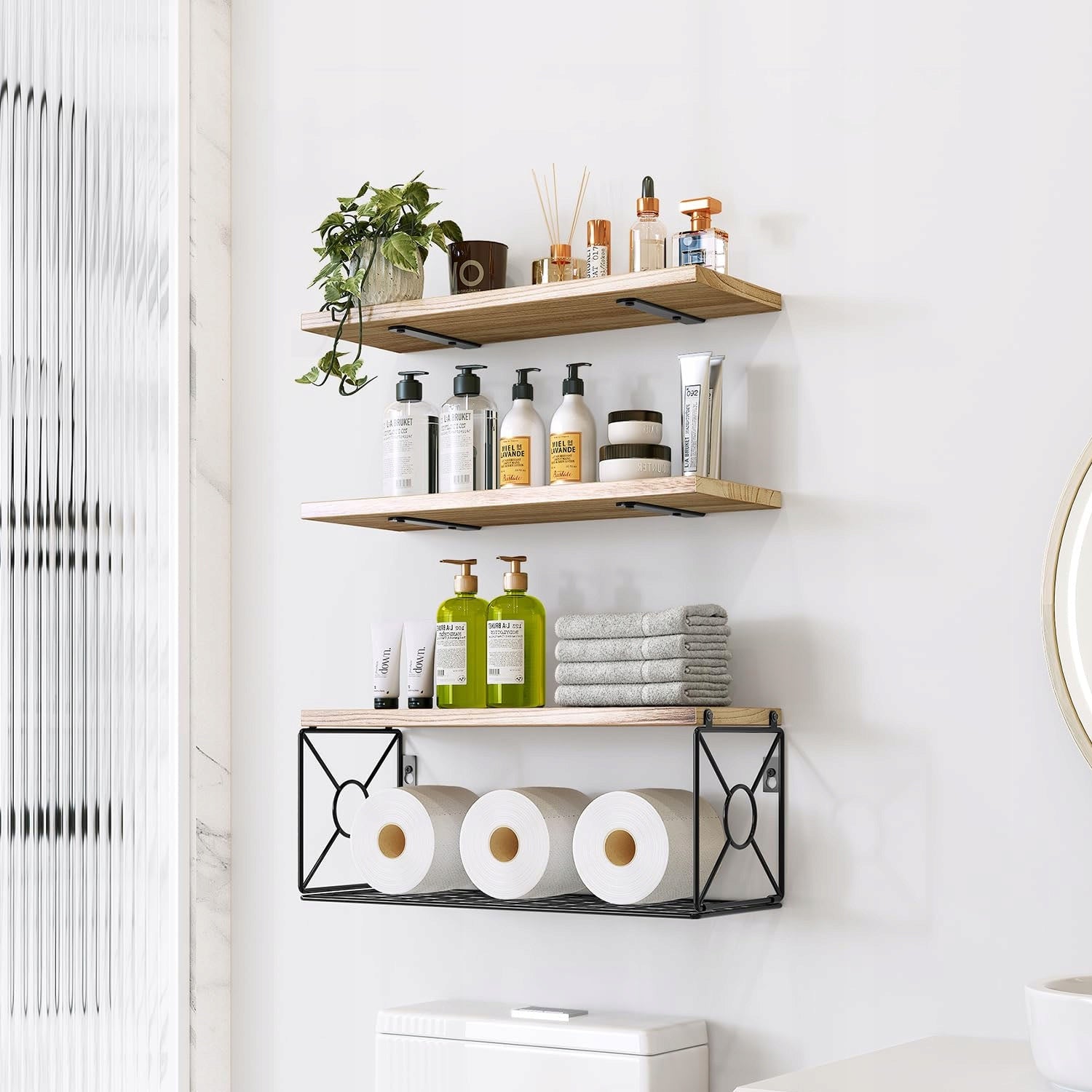 Hanging Wall Shelves With Basket 3Pcs Wooden For Bathroom Kitchen Bedroom Packaging status original