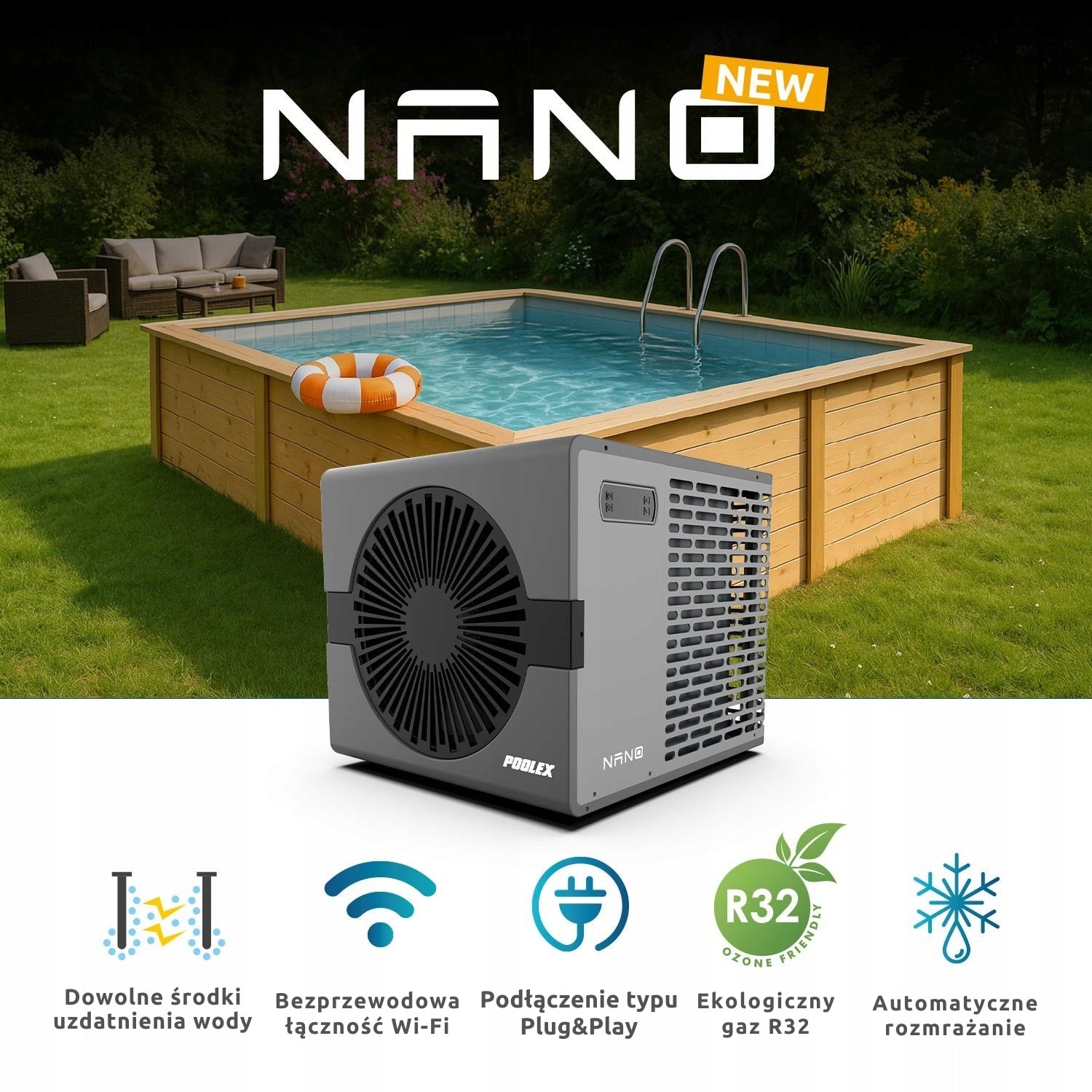 Heat pump for swimming pool 30m3 Poolex Nano 5kW FULL INVERTER - WiFi - up to 40st. Customs tariff code 84137030