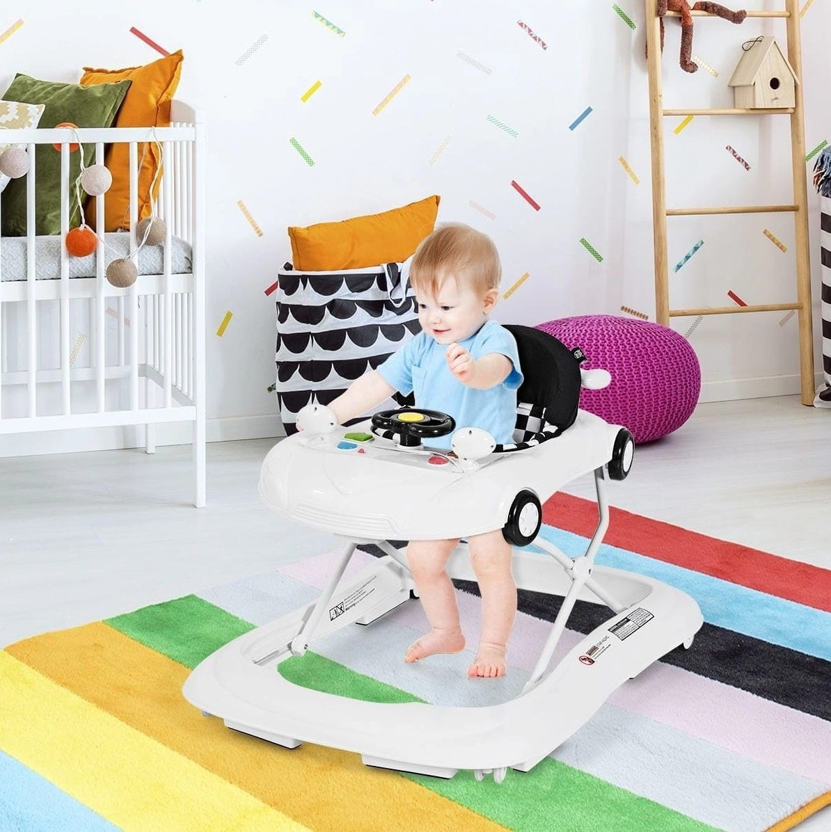 Height Adjustable Baby Walker White Formula Racing Car Growing Brand Costway