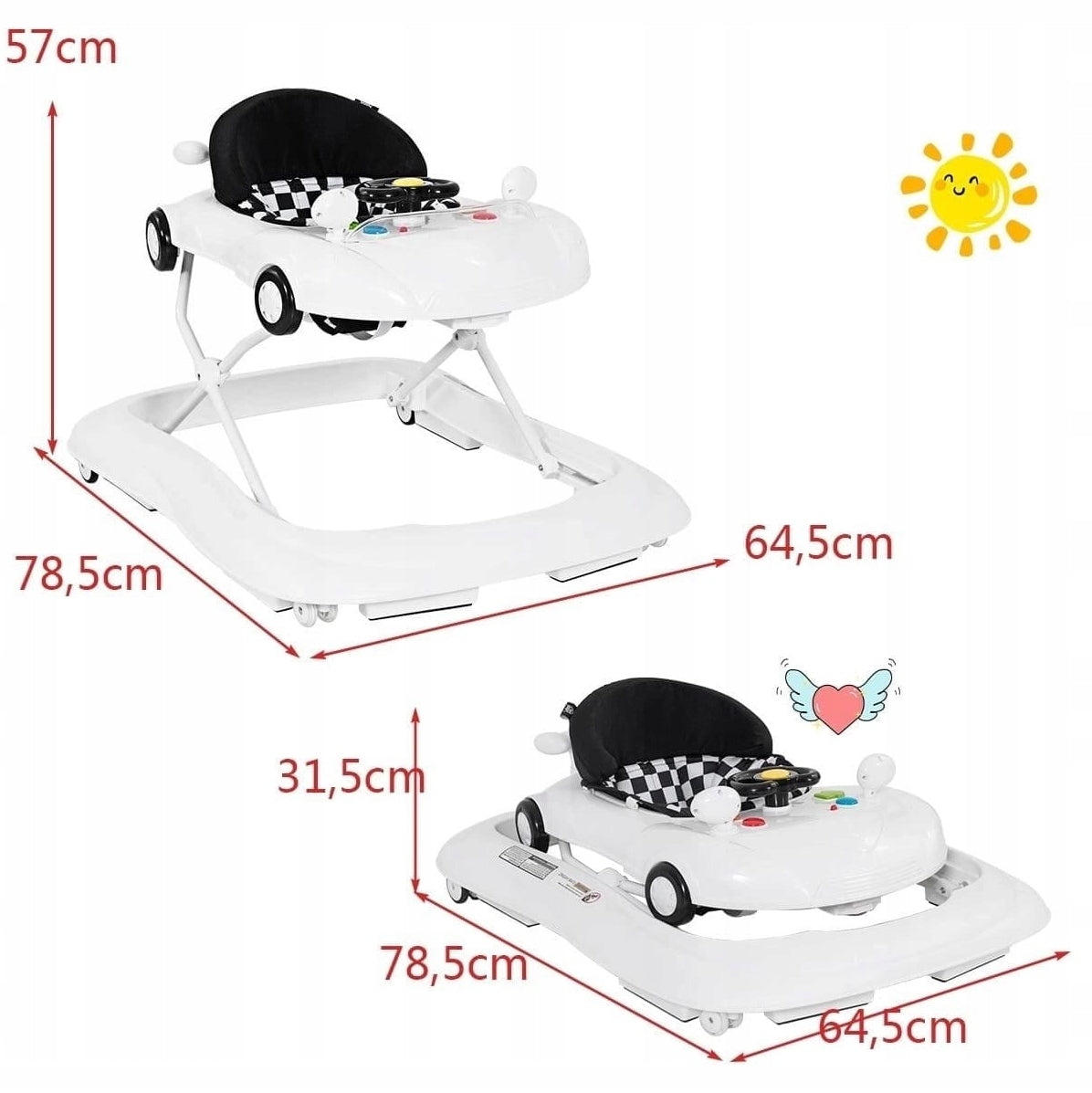 Height Adjustable Baby Walker White Formula Racing Car Growing Color white